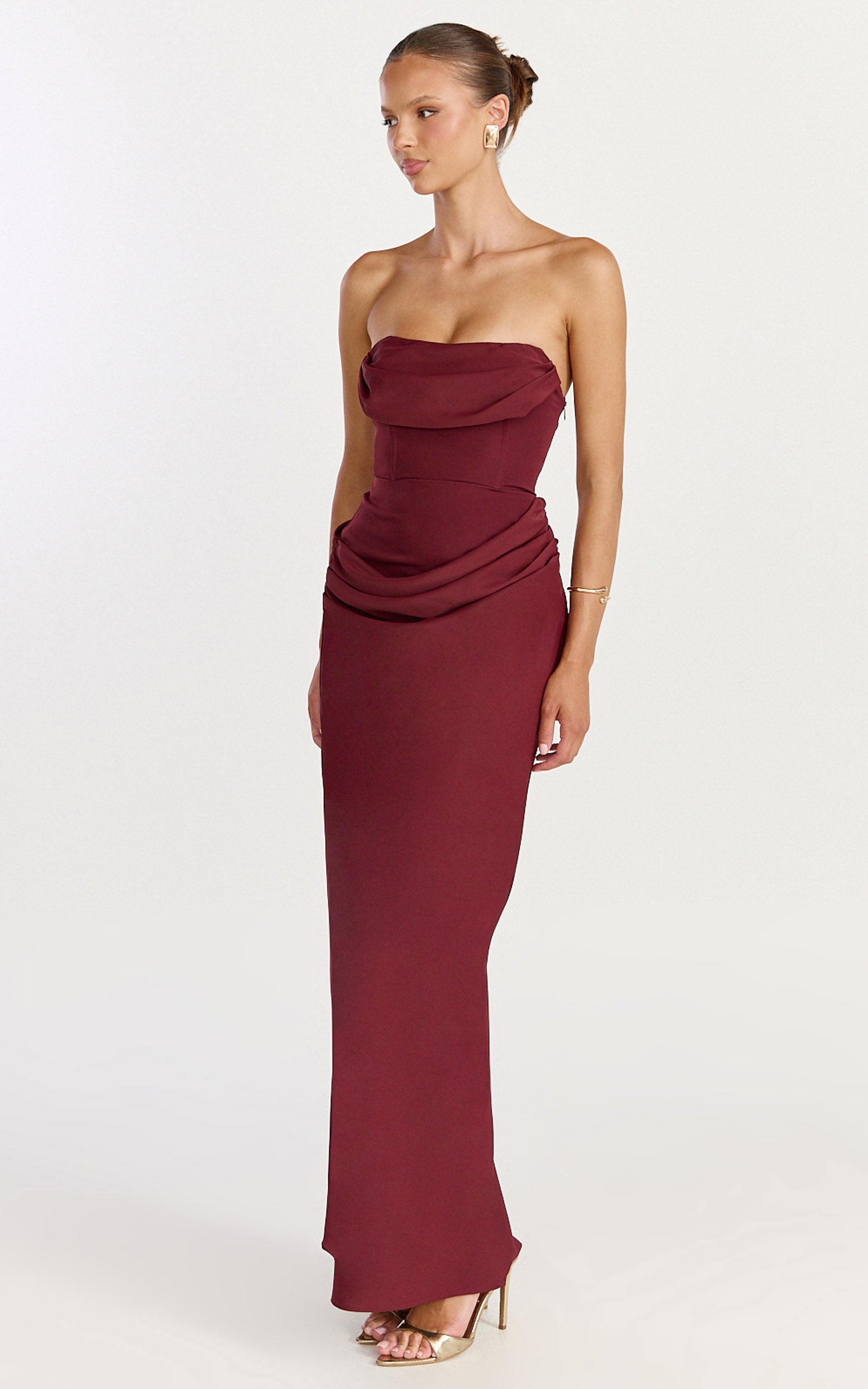 Phoebe Maxi Dress - Strapless Structured Bodice Drape Skirt Dress in Wine - View 2
