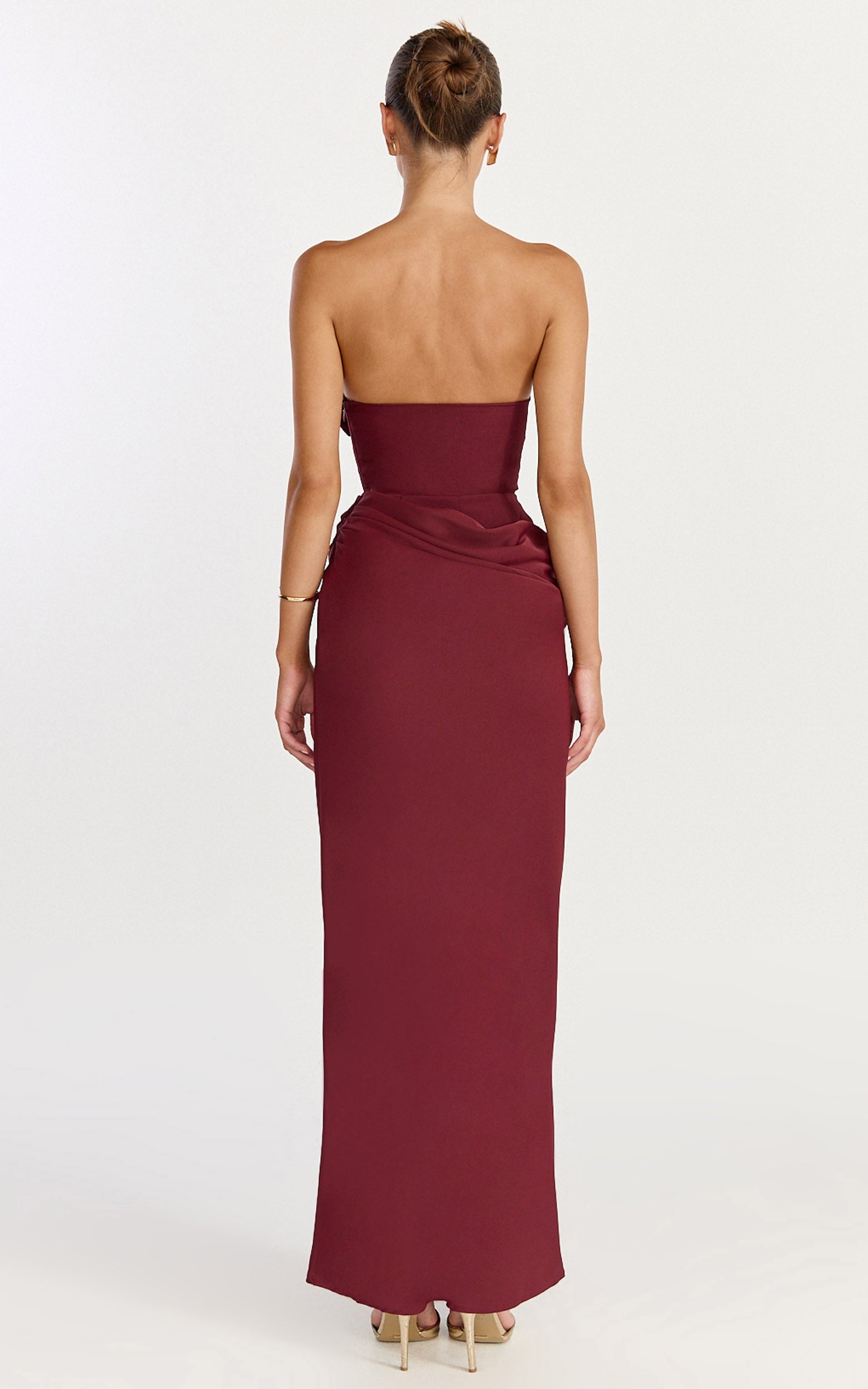Phoebe Maxi Dress - Strapless Structured Bodice Drape Skirt Dress in Wine - View 5