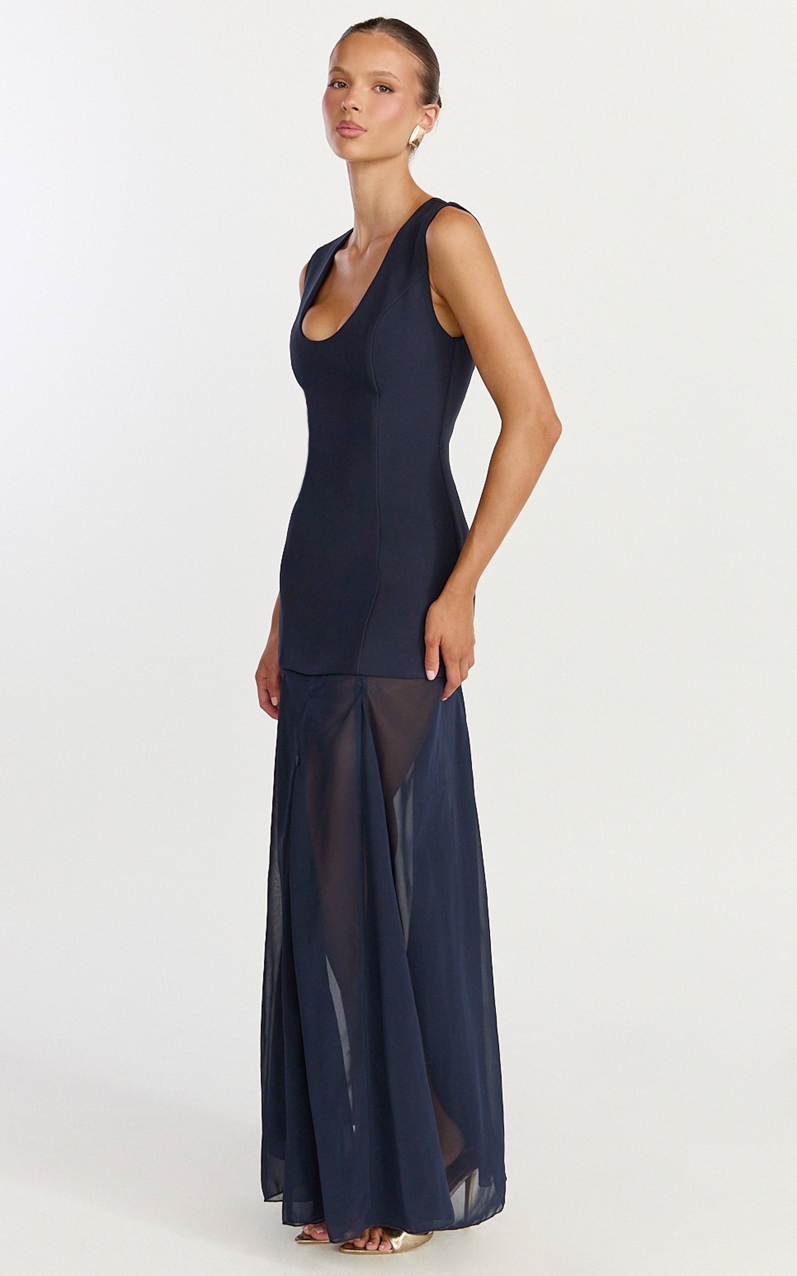 Frances Maxi Dress - Contrast U Neck Godet A Line Dress in Navy - View 2