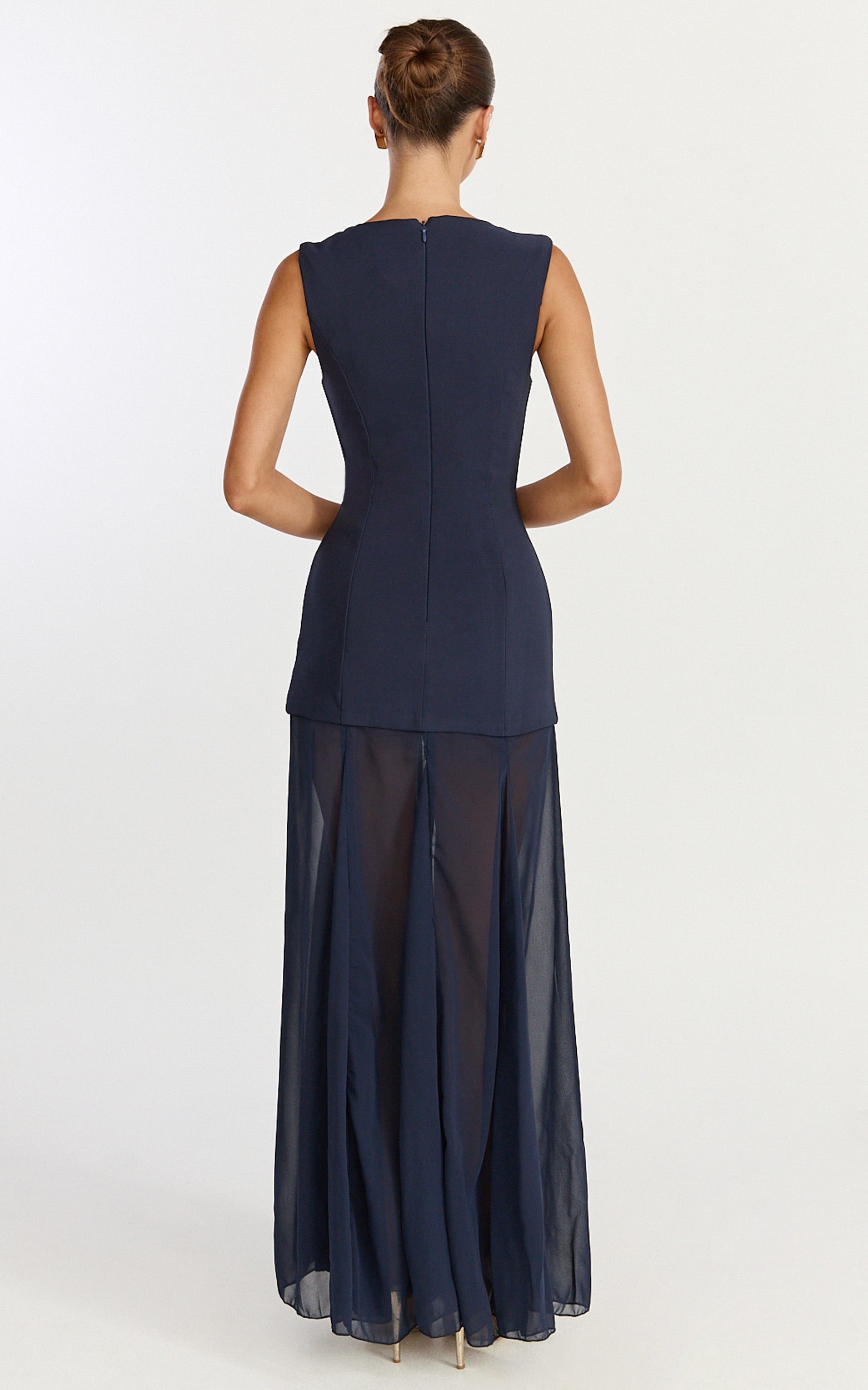 Frances Maxi Dress - Contrast U Neck Godet A Line Dress in Navy - View 5