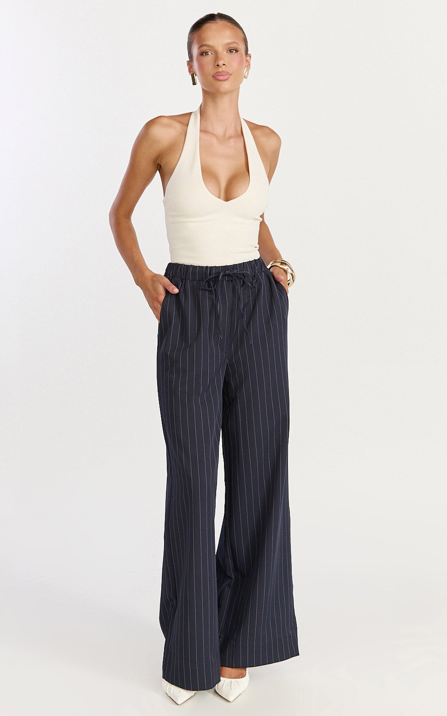 Amara Pants - High Waist Wide Leg Stripe Pants in Navy - View 3