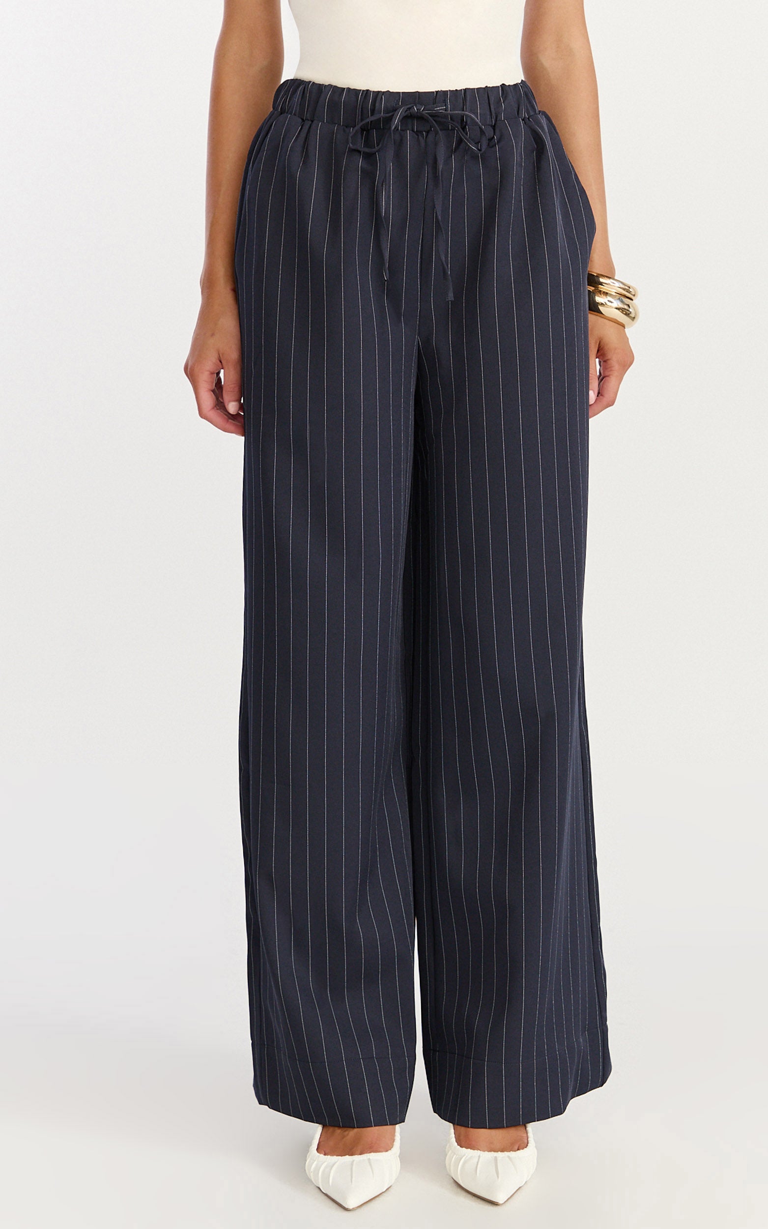 Amara Pants - High Waist Wide Leg Stripe Pants in Navy - View 2