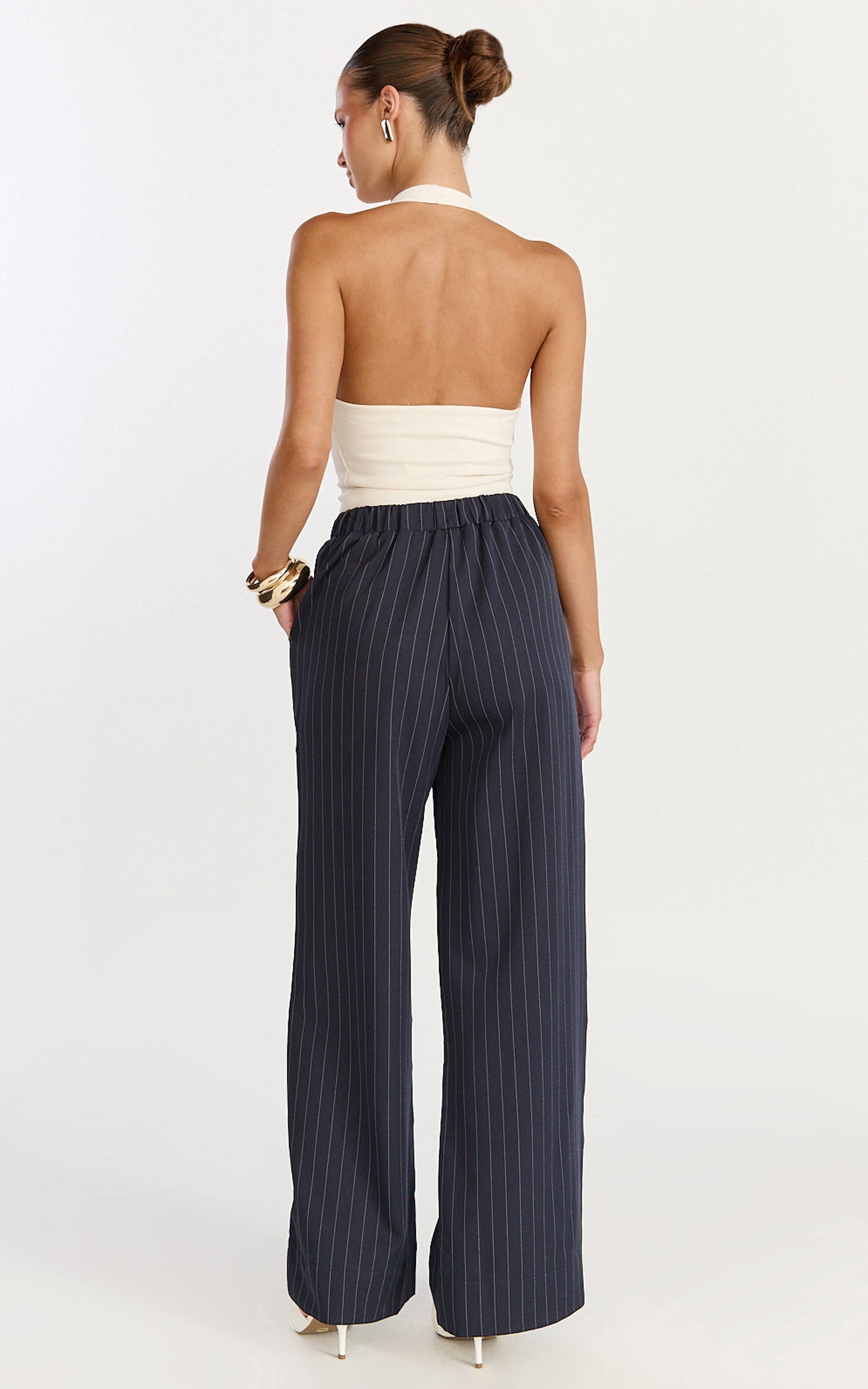 Amara Pants - High Waist Wide Leg Stripe Pants in Navy - View 5