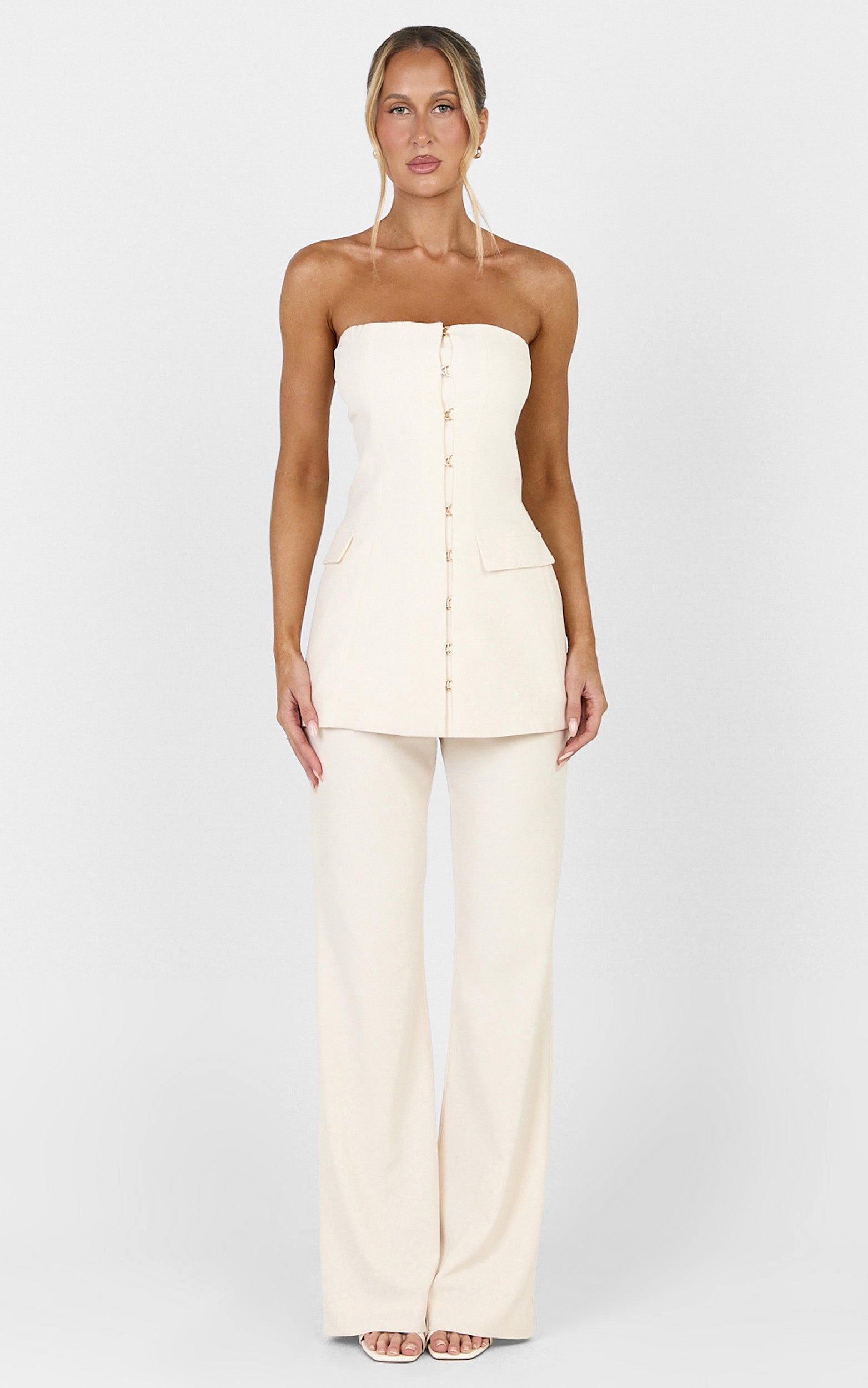Seina Two Piece Top and Pants Set - Strapless Long Line Top And Low Waisted Tapered Pants Set in Off White - View 4
