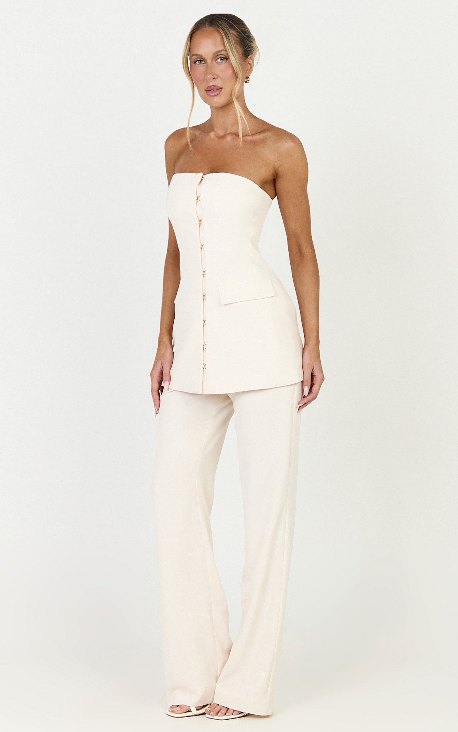 Seina Two Piece Top and Pants Set - Strapless Long Line Top And Low Waisted Tapered Pants Set in Off White - View 2