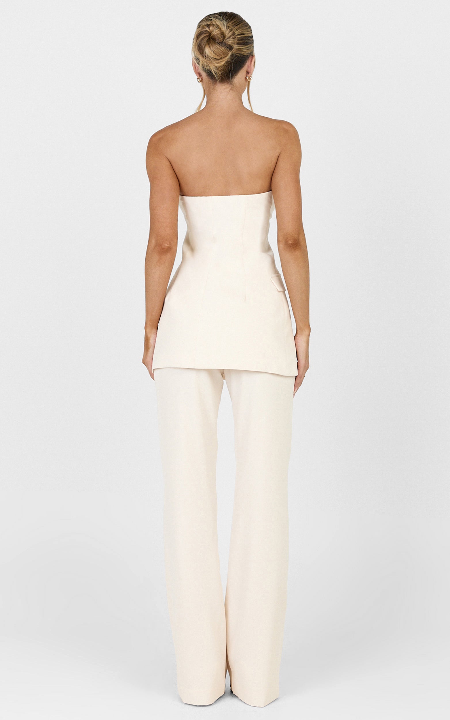 Seina Two Piece Top and Pants Set - Strapless Long Line Top And Low Waisted Tapered Pants Set in Off White - View 5