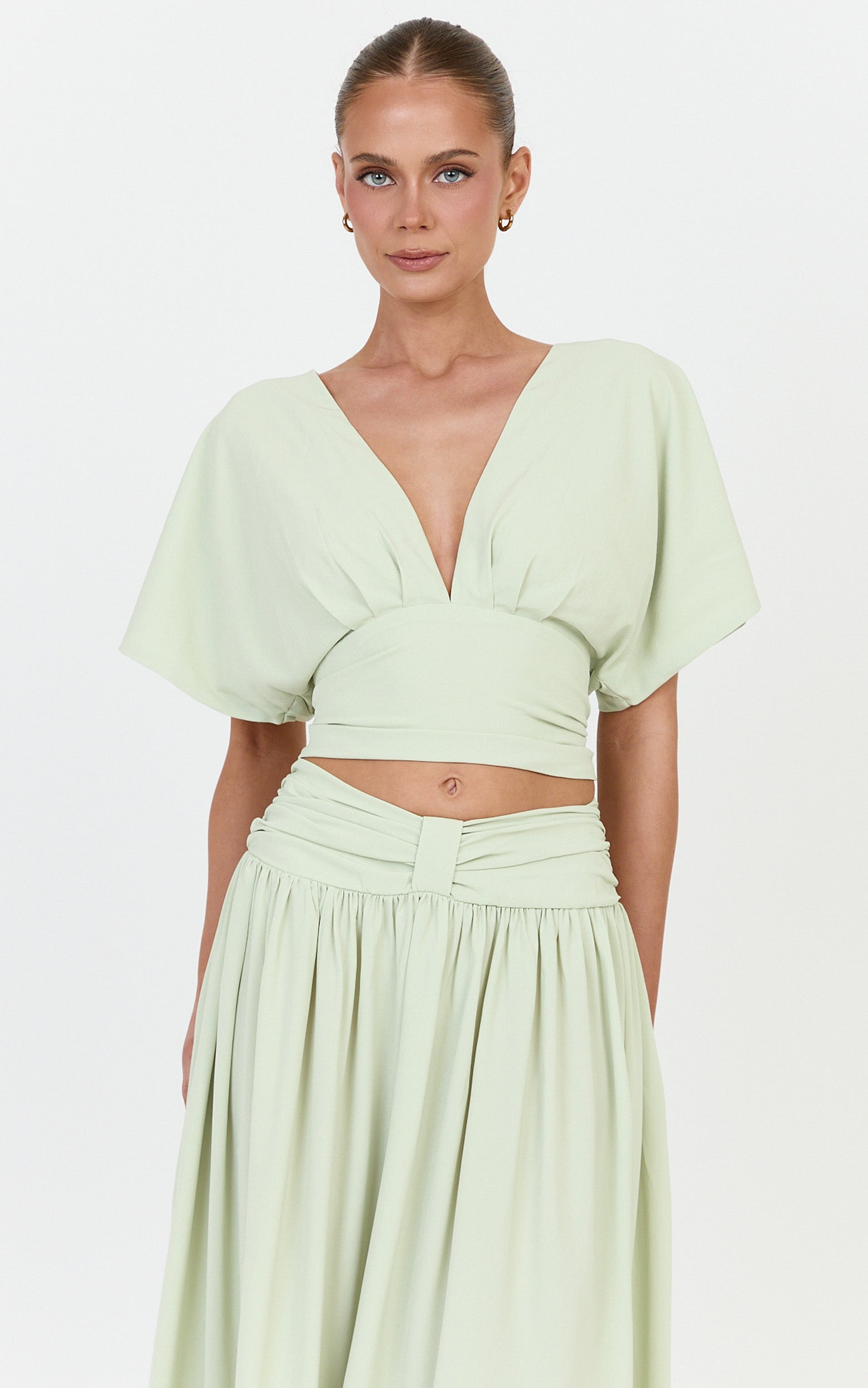 Jade Top - Wide Sleeve Plunge V Neck Tie Back Top in Pistachio - View 4