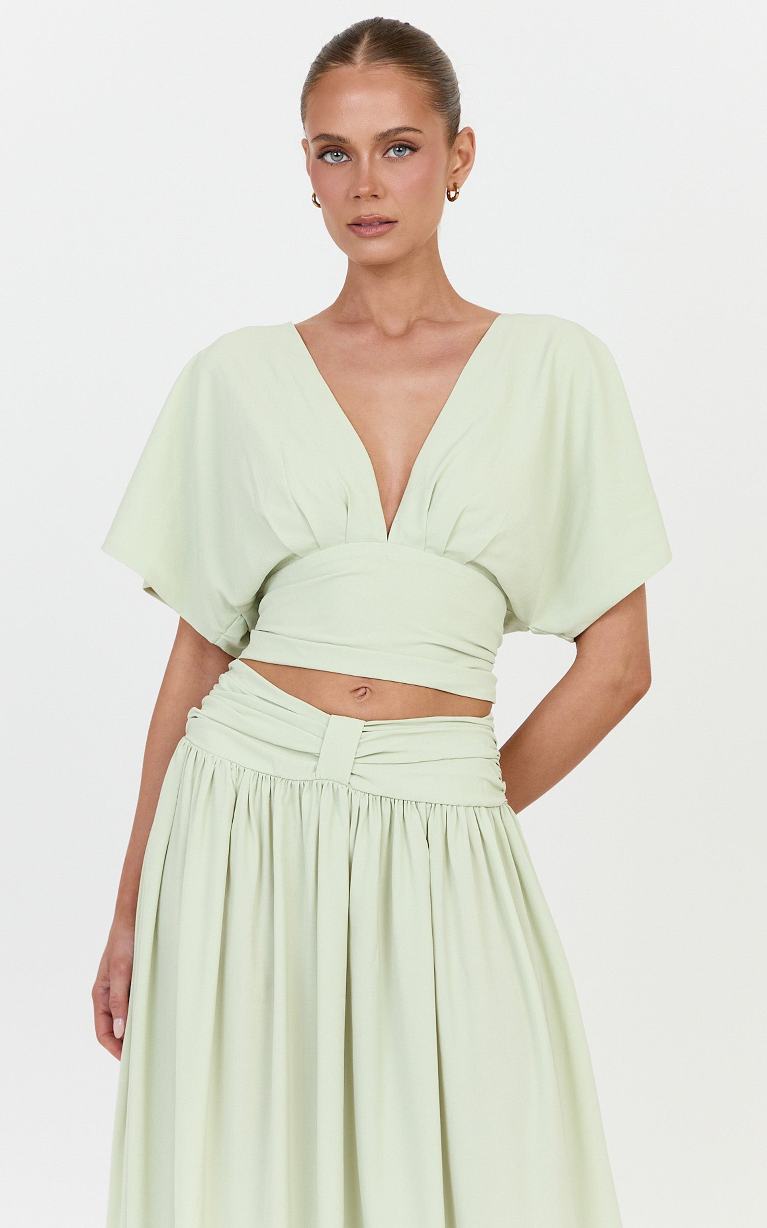 Jade Top - Wide Sleeve Plunge V Neck Tie Back Top in Pistachio - View 3
