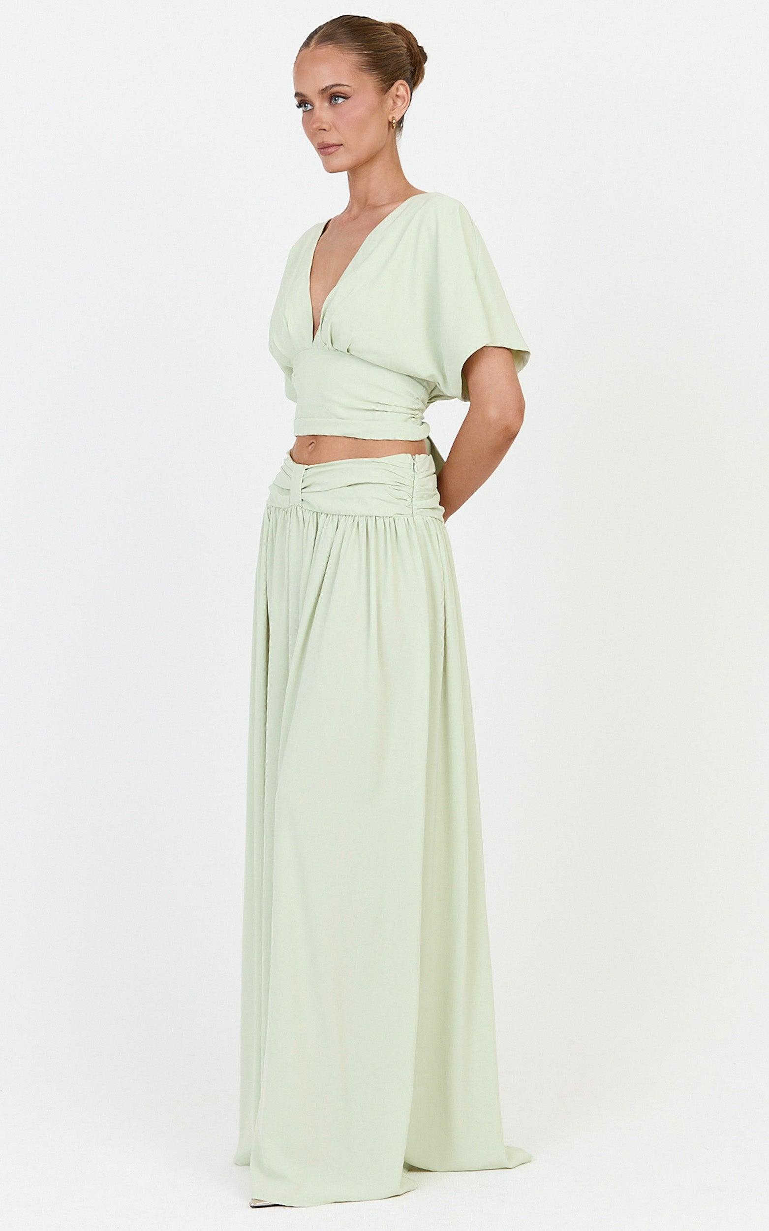 Jade Top - Wide Sleeve Plunge V Neck Tie Back Top in Pistachio - View 5