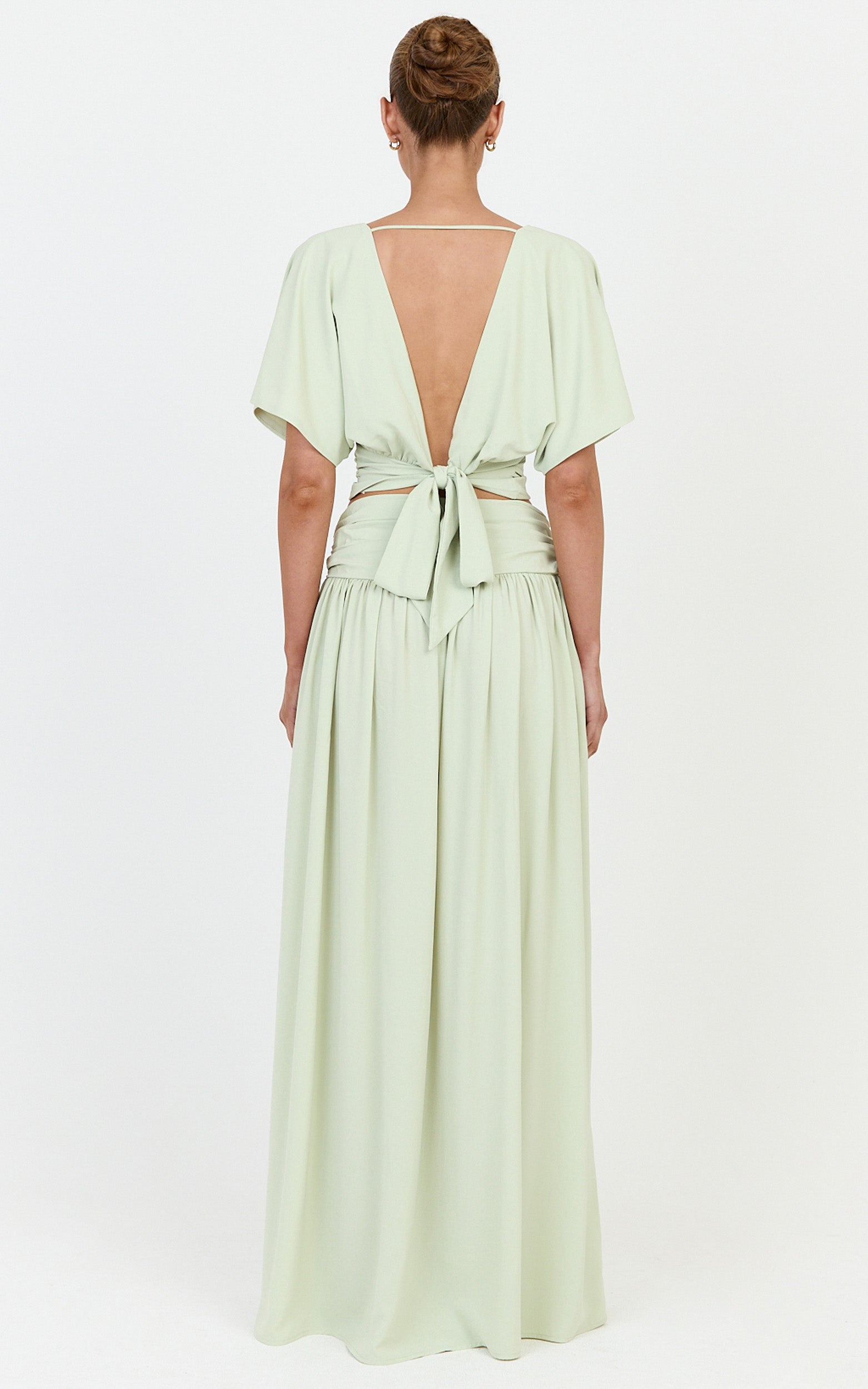 Jade Top - Wide Sleeve Plunge V Neck Tie Back Top in Pistachio - View 2