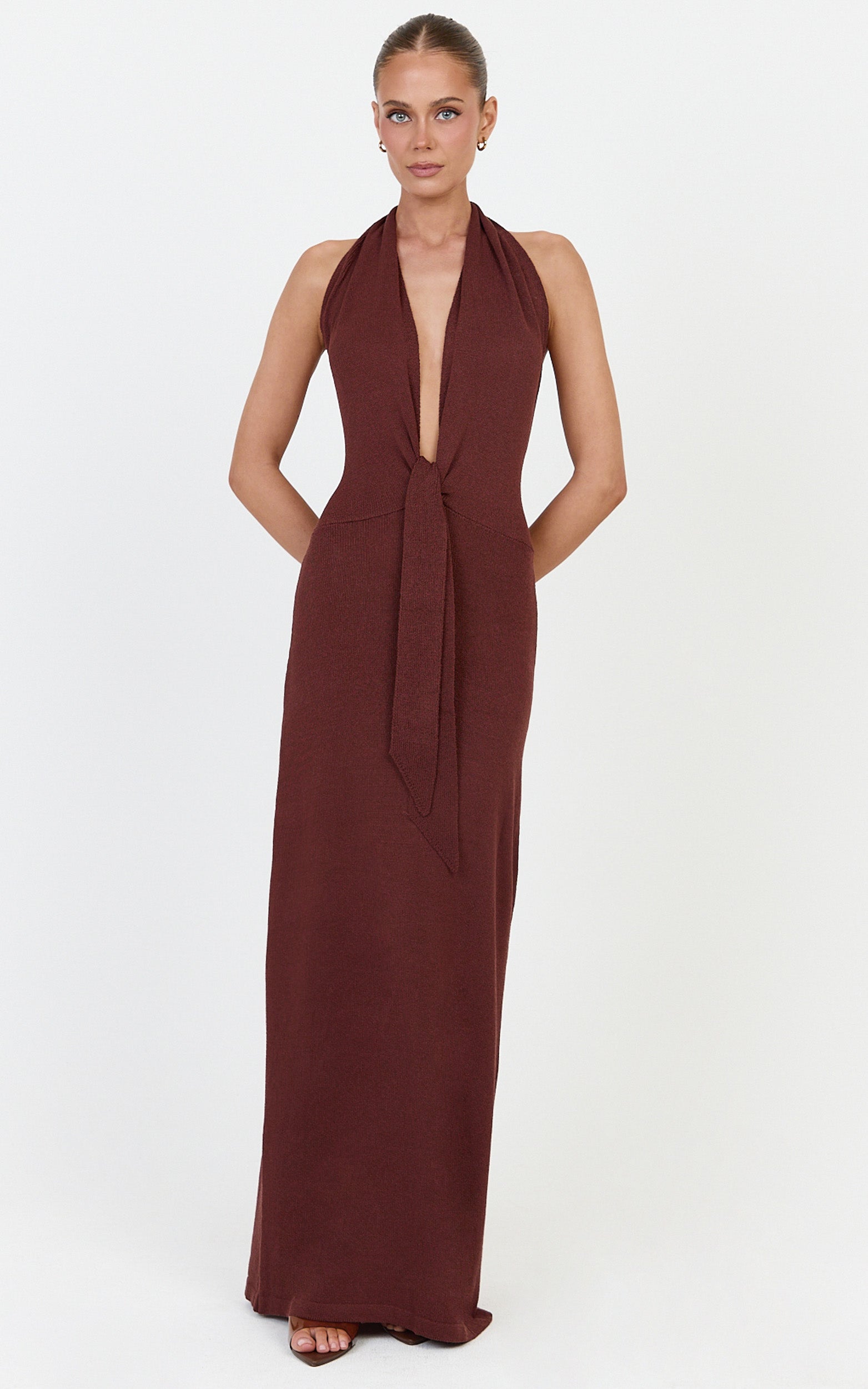 Florence Maxi Dress - Halterneck Tie Detail Knit Dress in Chocolate - View 3