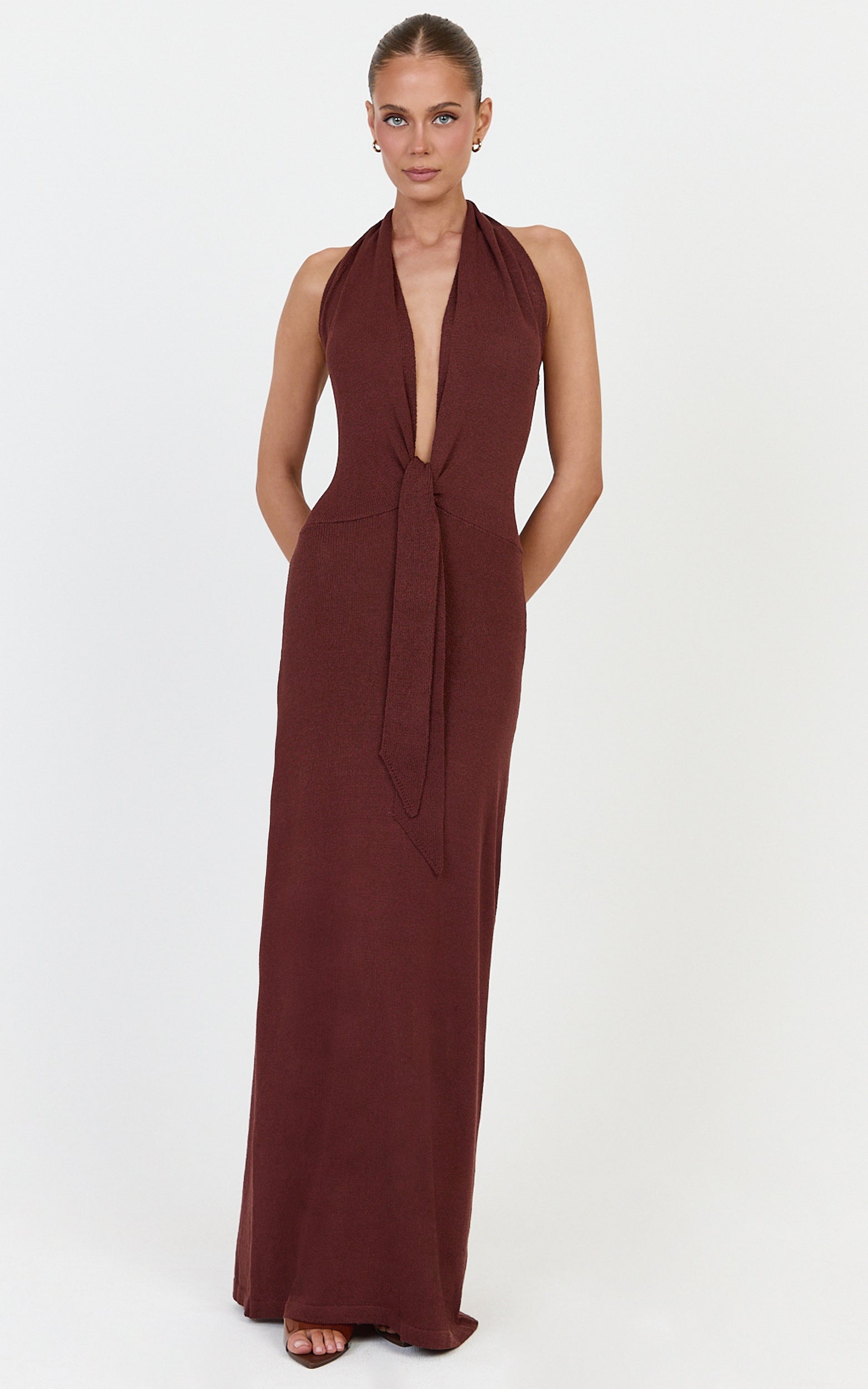 Florence Maxi Dress - Halterneck Tie Detail Knit Dress in Chocolate - View 4