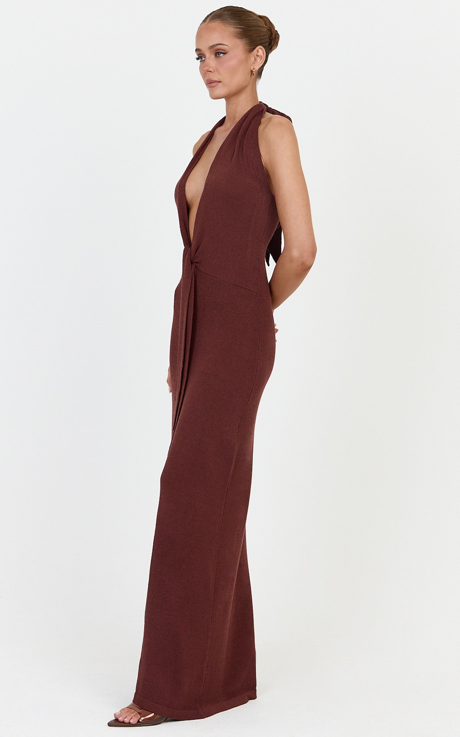 Florence Maxi Dress - Halterneck Tie Detail Knit Dress in Chocolate - View 5