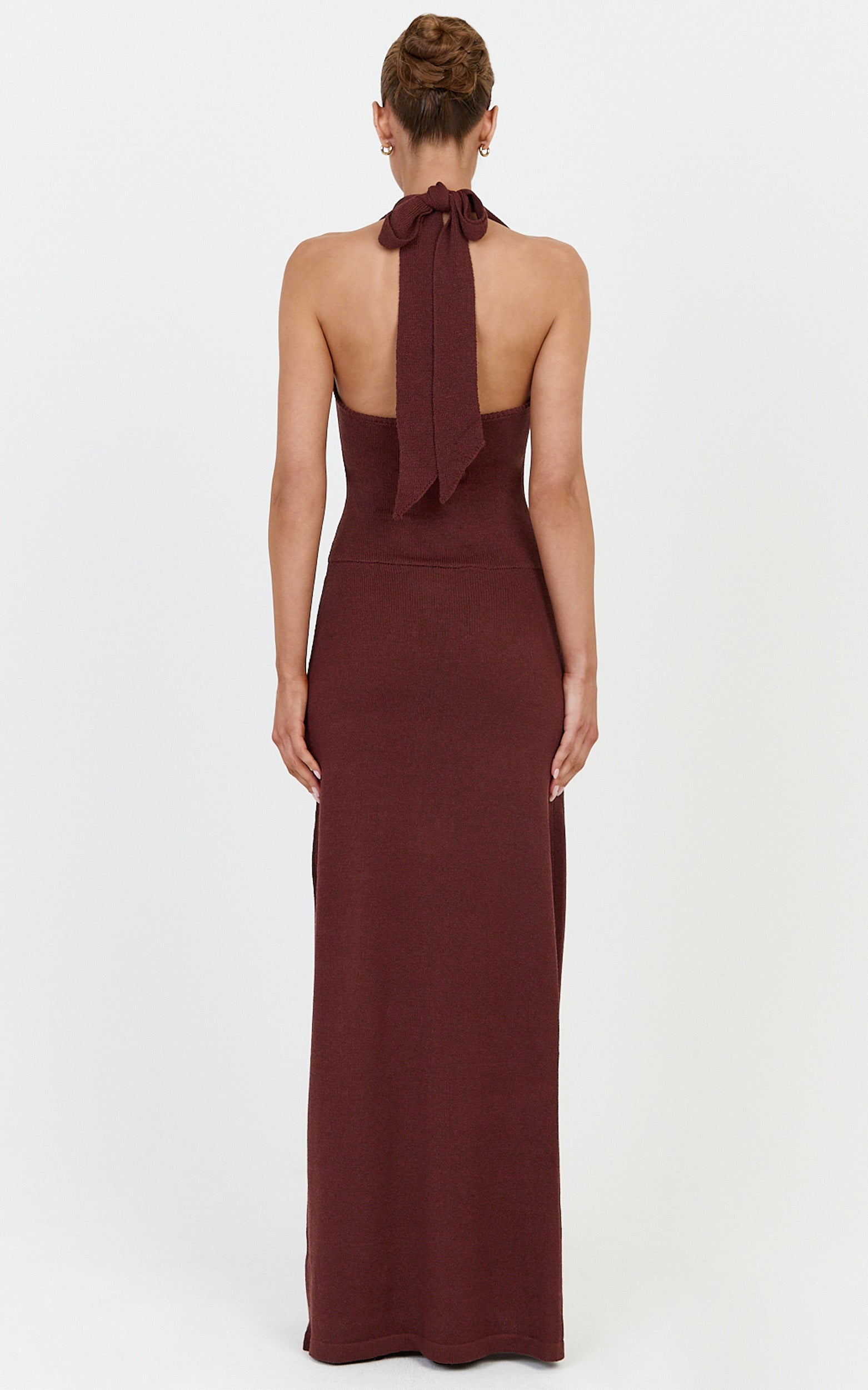 Florence Maxi Dress - Halterneck Tie Detail Knit Dress in Chocolate - View 7