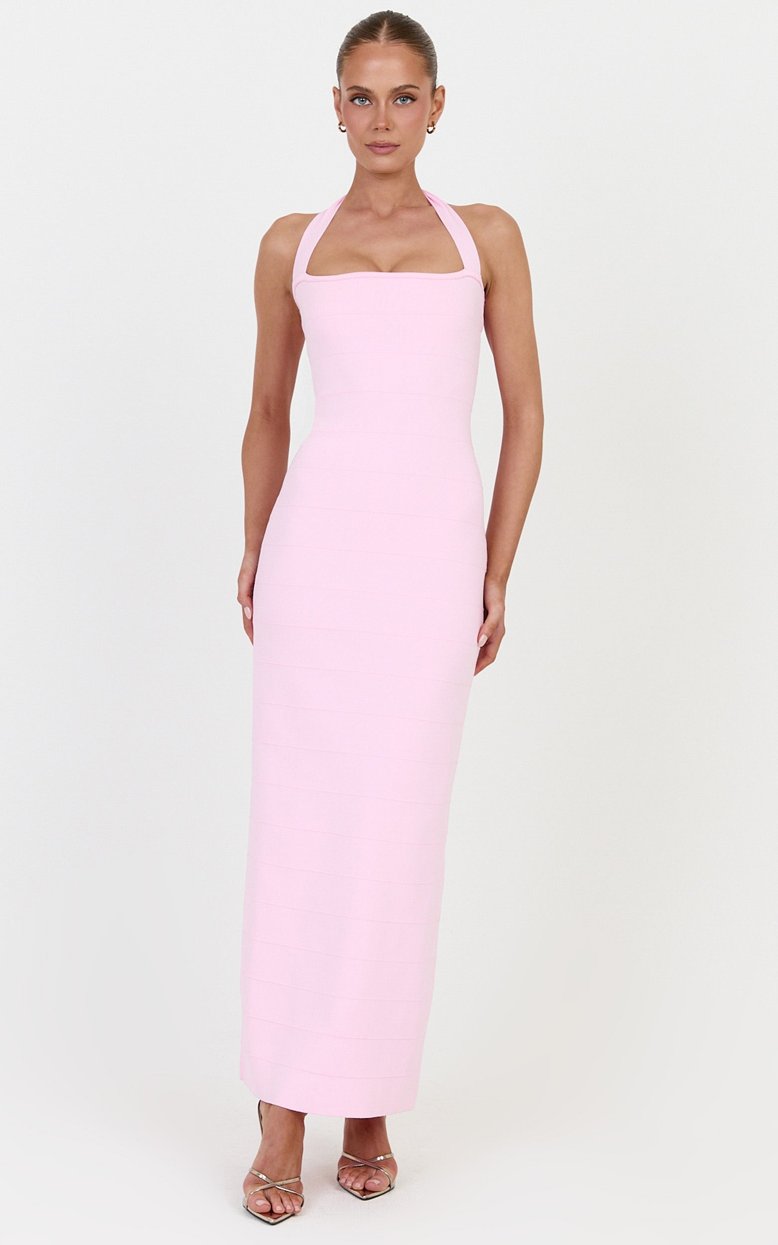 Scarlett Midi Dress - Halter Neck Bandage Knit Dress in Pink - View 3