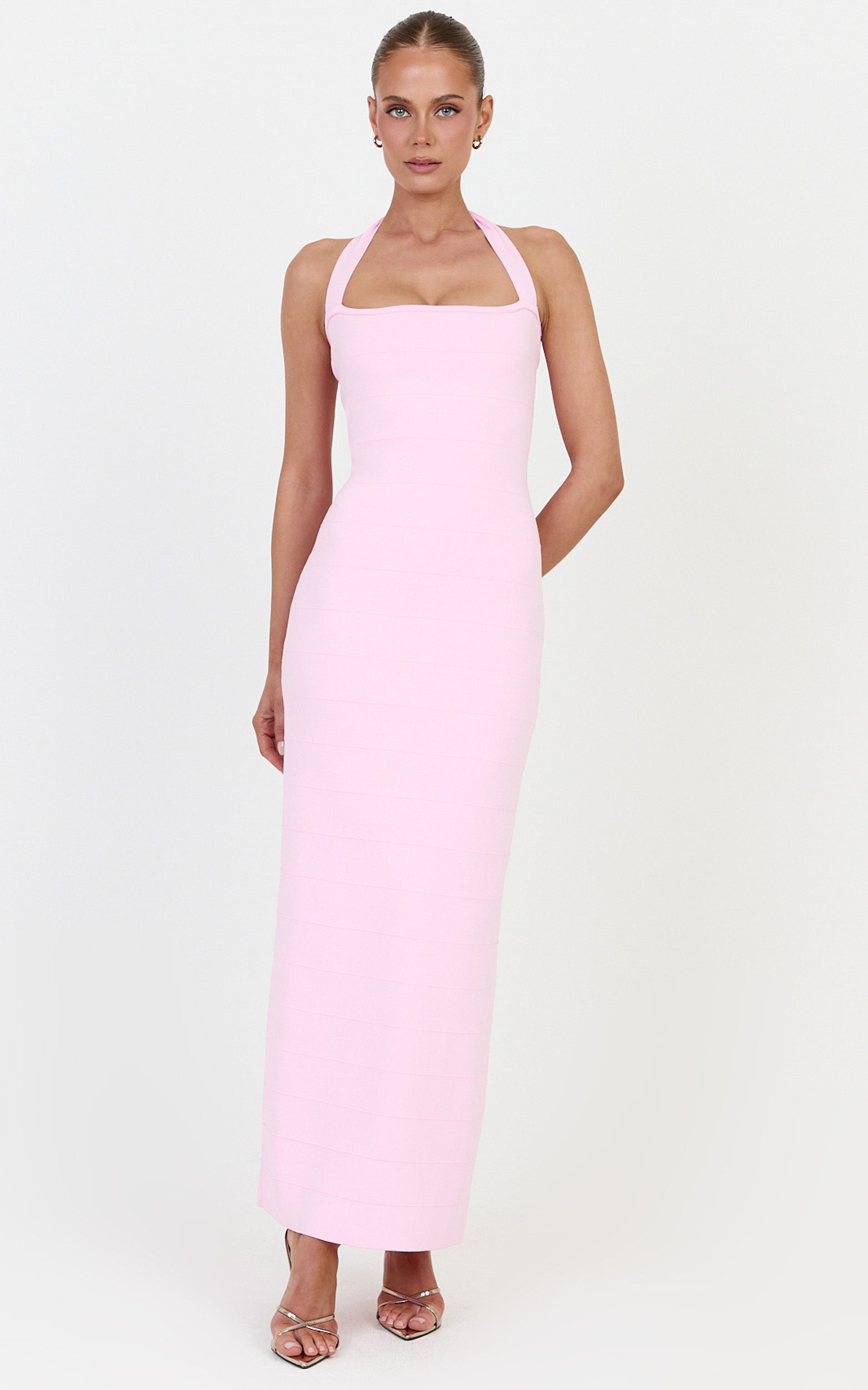 Scarlett Midi Dress - Halter Neck Bandage Knit Dress in Pink - View 4