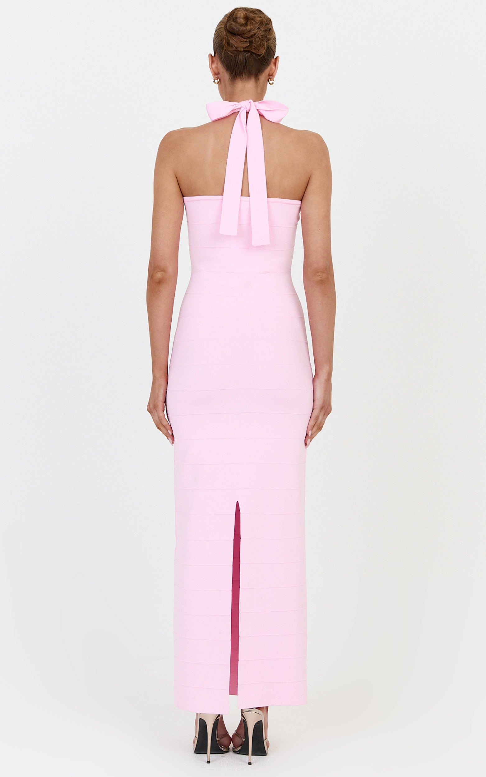 Scarlett Midi Dress - Halter Neck Bandage Knit Dress in Pink - View 5