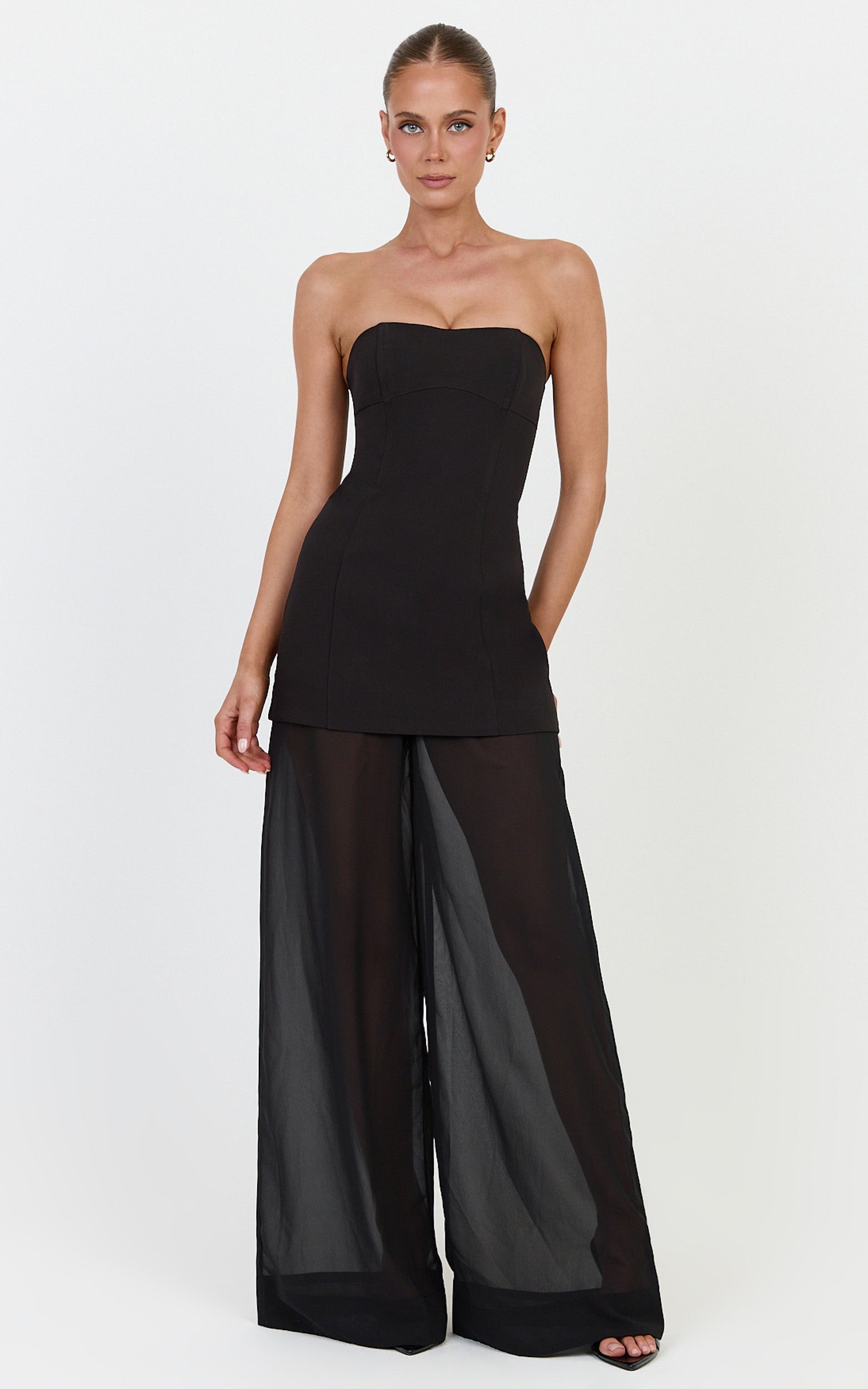 Colette Two Piece Set - Strapless Longline Top And Sheer Wide Legged Pant Set in Black - View 4