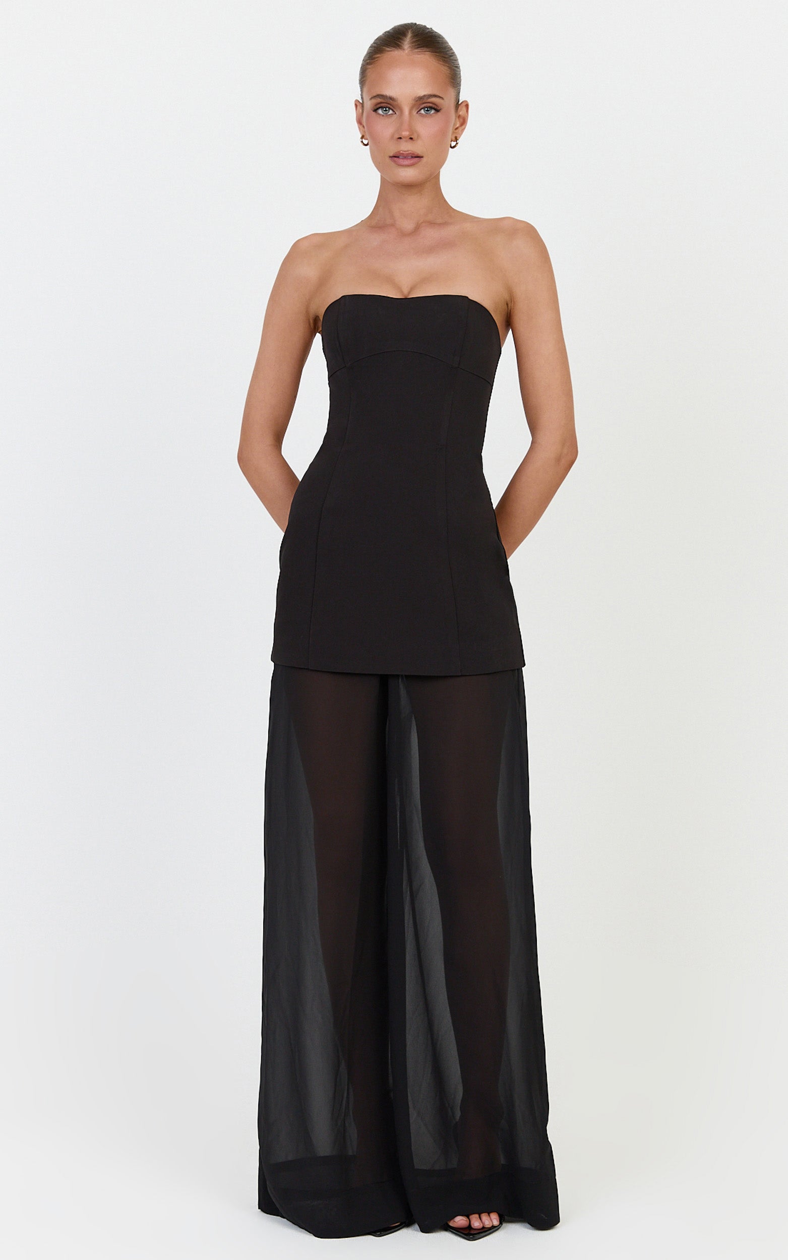 Colette Two Piece Set - Strapless Longline Top And Sheer Wide Legged Pant Set in Black - View 3