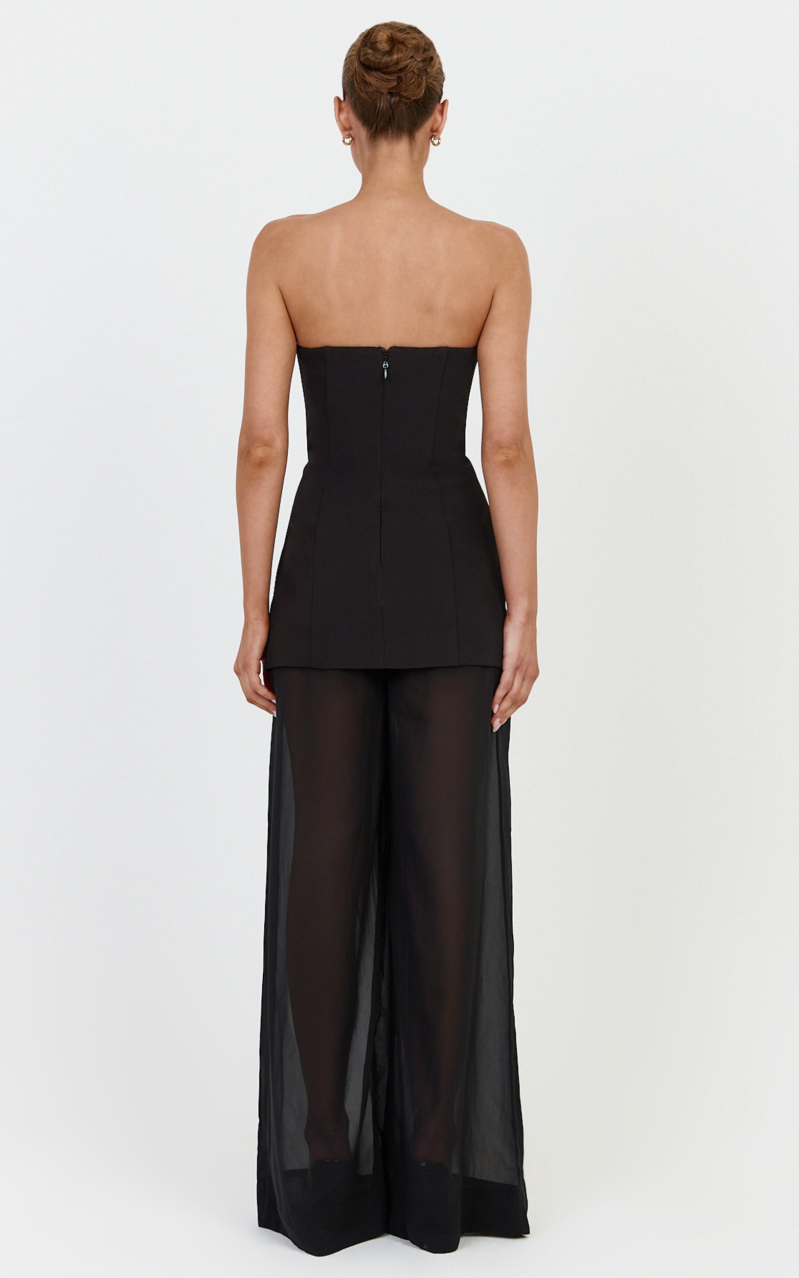 Colette Two Piece Set - Strapless Longline Top And Sheer Wide Legged Pant Set in Black - View 5