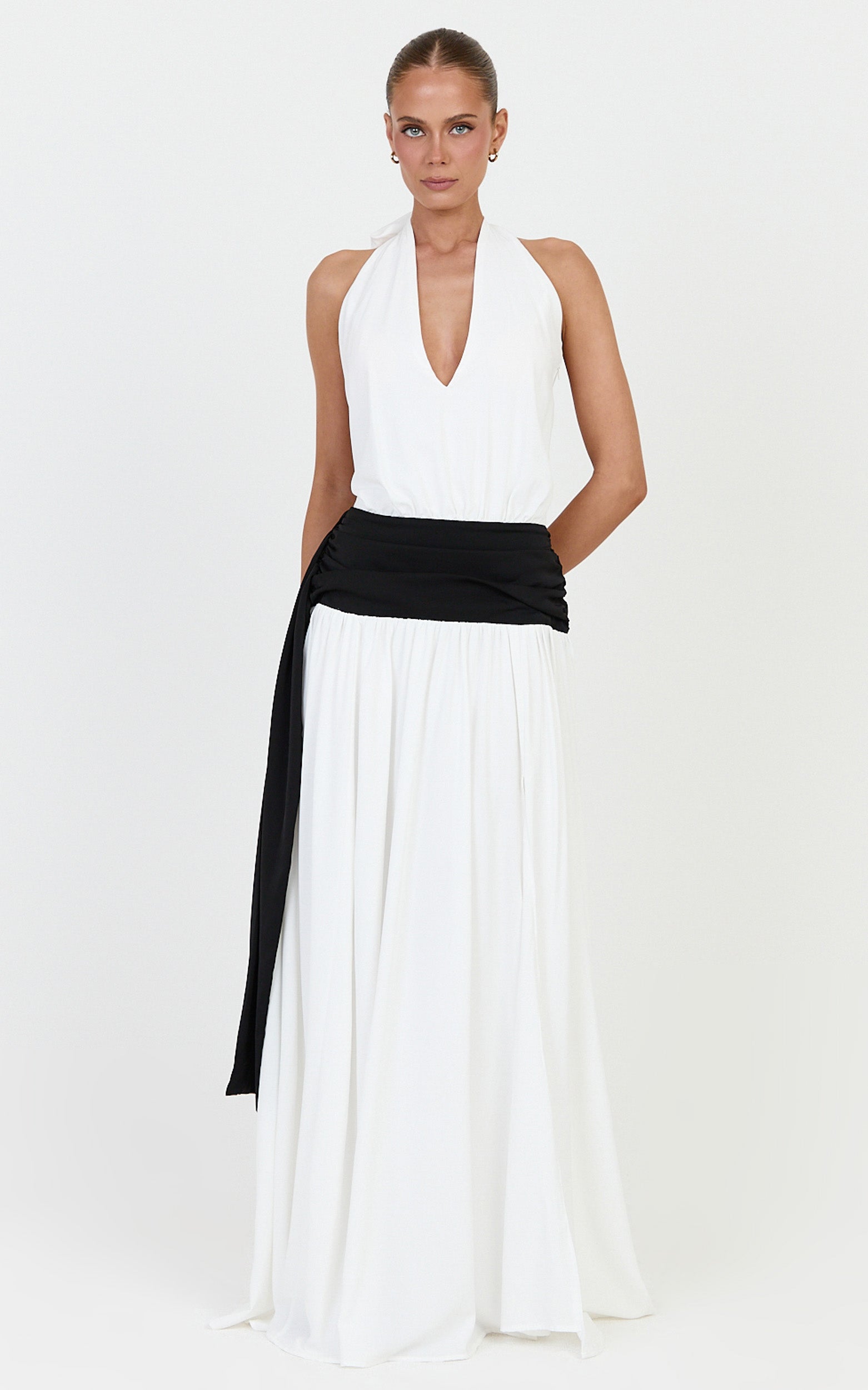 Erin Maxi Dress - Plunge Halter Neck Draped Dropped Waist Sash Dress in Cream - View 3