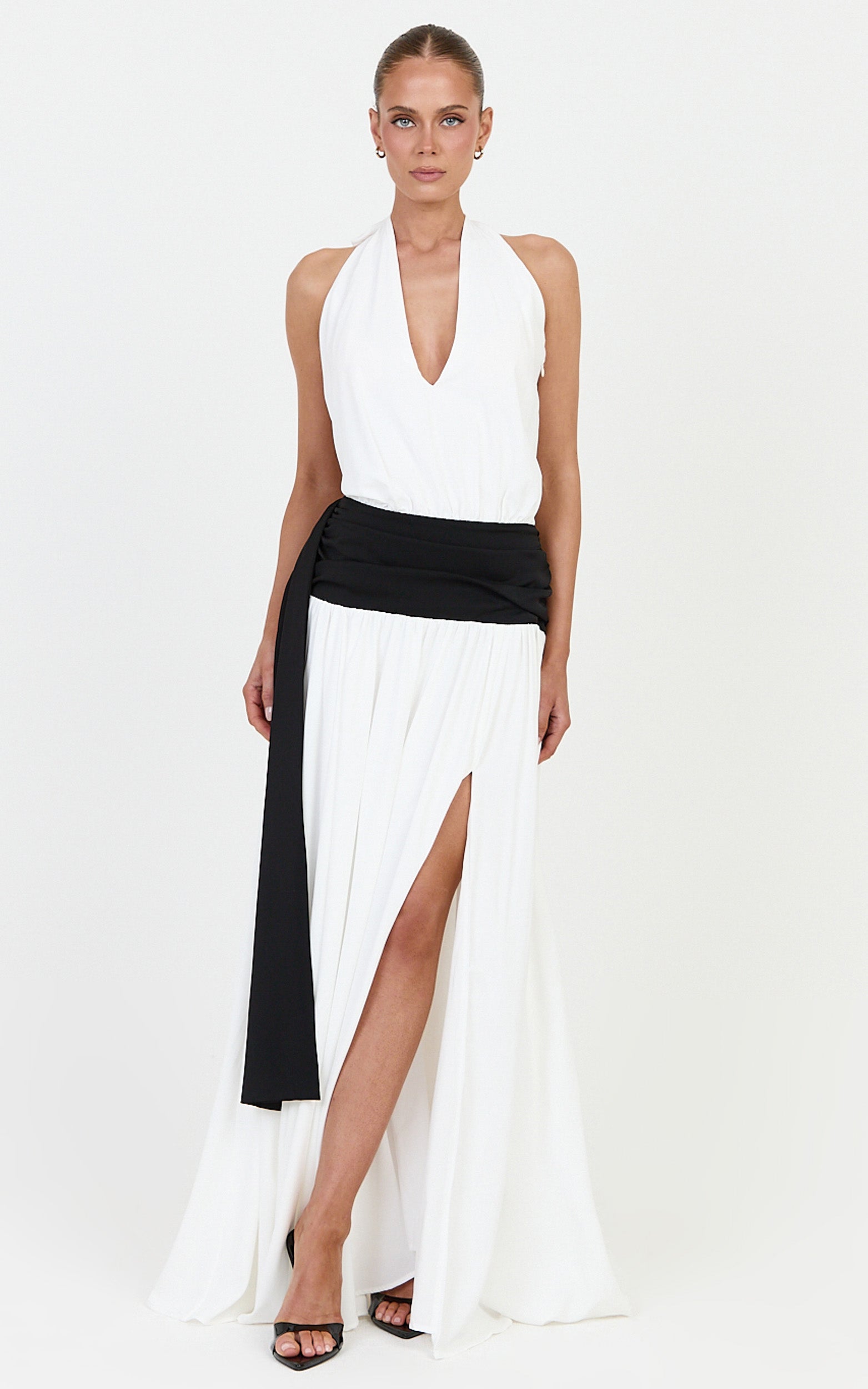 Erin Maxi Dress - Plunge Halter Neck Draped Dropped Waist Sash Dress in Cream - View 4