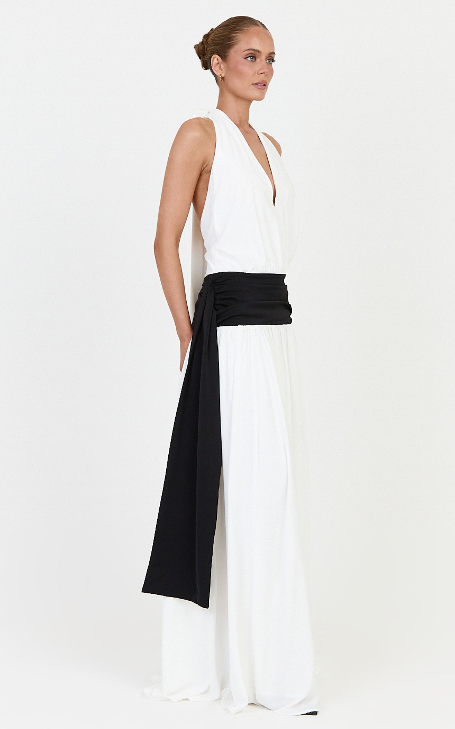 Erin Maxi Dress - Plunge Halter Neck Draped Dropped Waist Sash Dress in Cream - View 2
