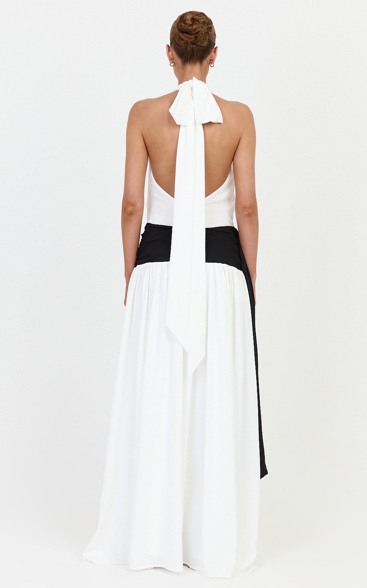 Erin Maxi Dress - Plunge Halter Neck Draped Dropped Waist Sash Dress in Cream - View 5