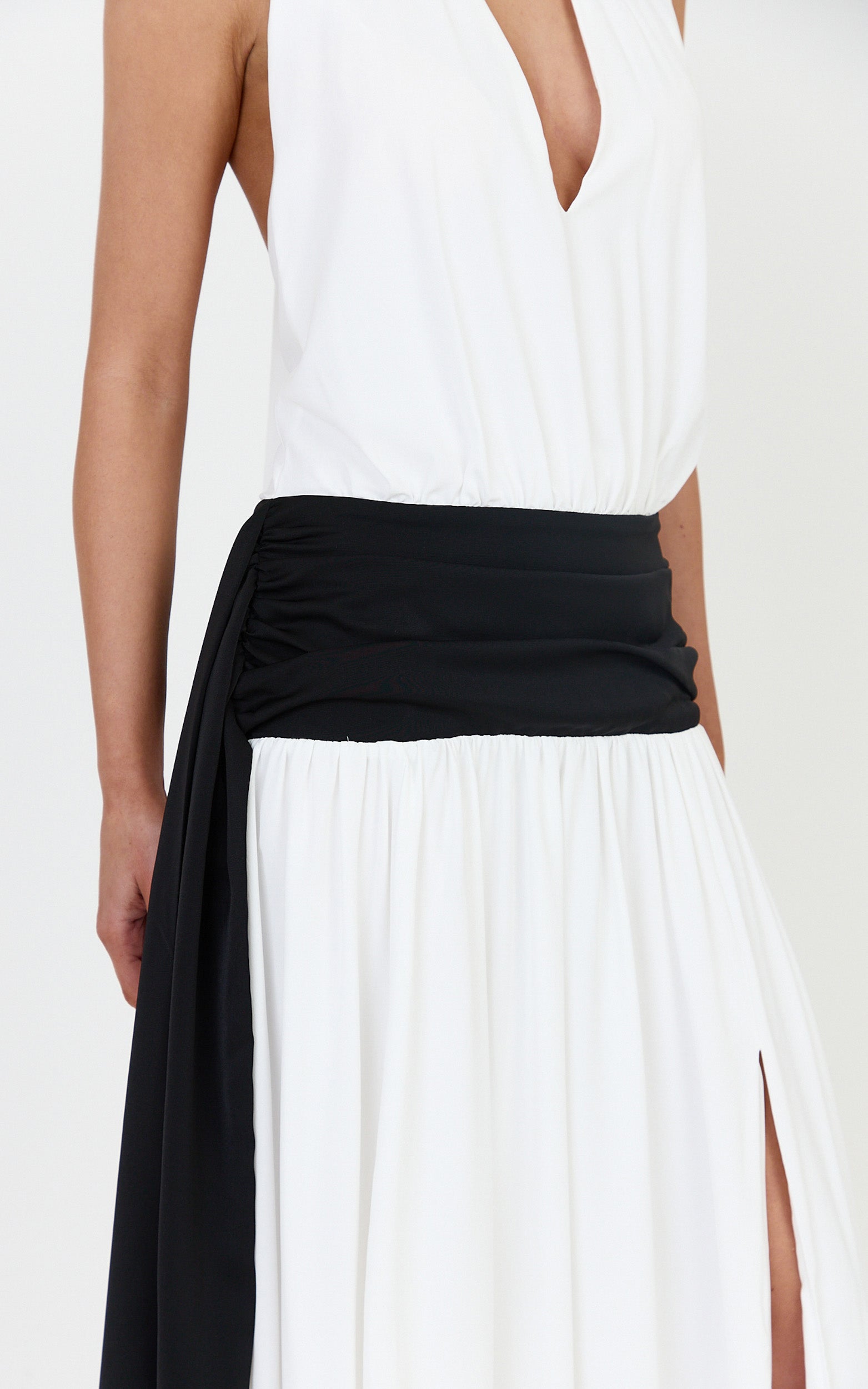 Erin Maxi Dress - Plunge Halter Neck Draped Dropped Waist Sash Dress in Cream - View 6