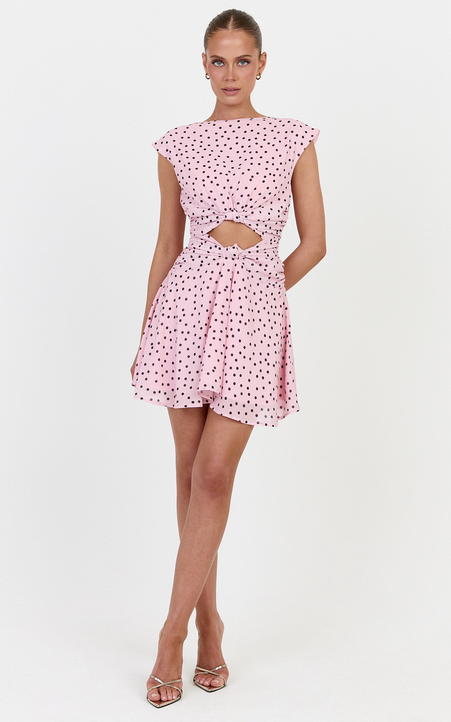 Livia Mini Dress - Cut Out Knot Detail Dress in Blush Scattered Polka Dot Print - View 3