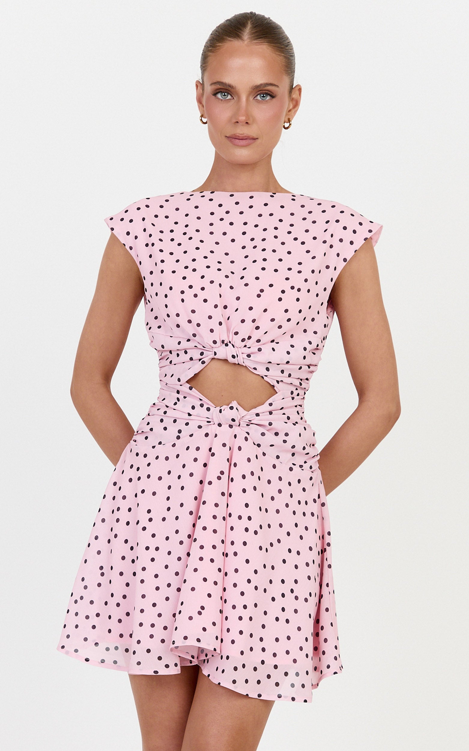 Livia Mini Dress - Cut Out Knot Detail Dress in Blush Scattered Polka Dot Print - View 2
