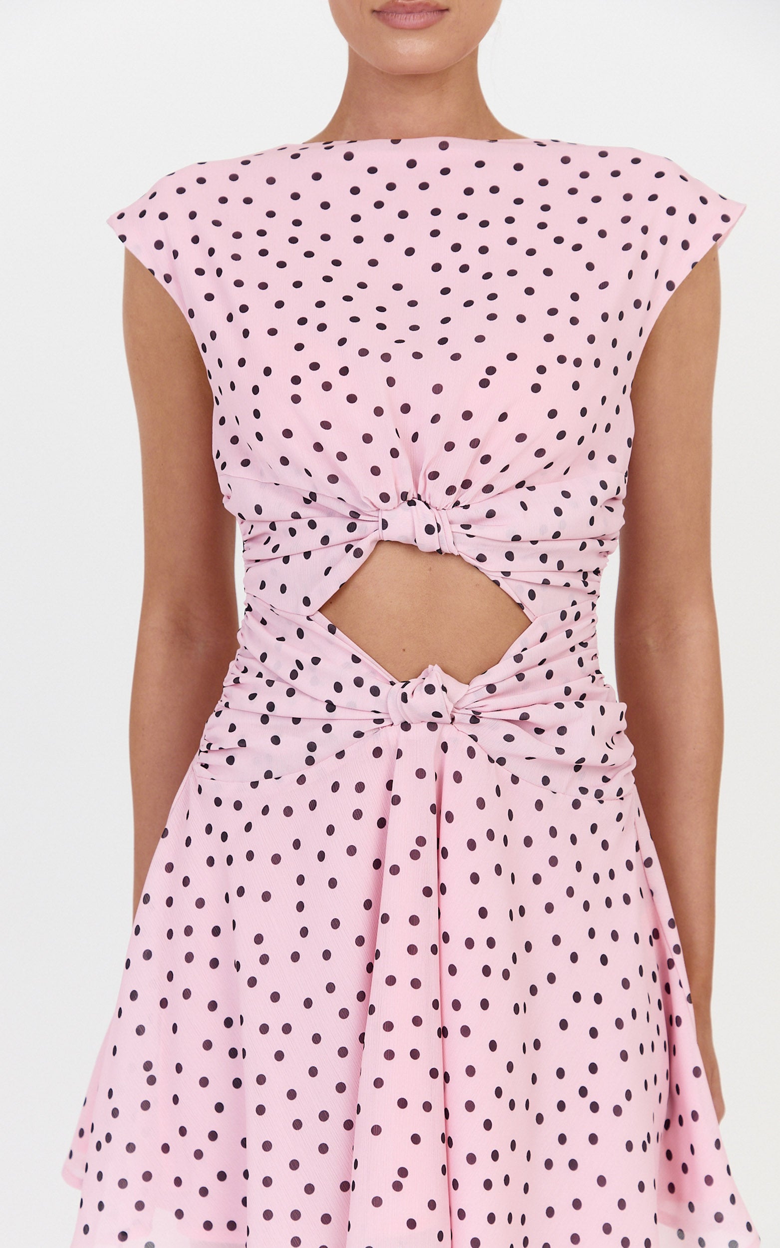 Livia Mini Dress - Cut Out Knot Detail Dress in Blush Scattered Polka Dot Print - View 6