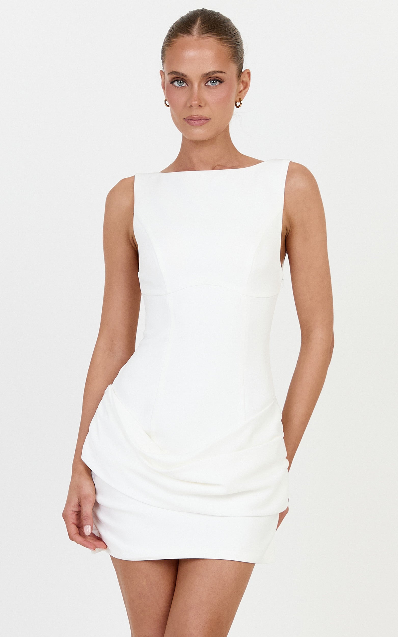 Sabrina Mini Dress - High Boat Neck Overlay Draped Skirt Dress in Off White - View 1