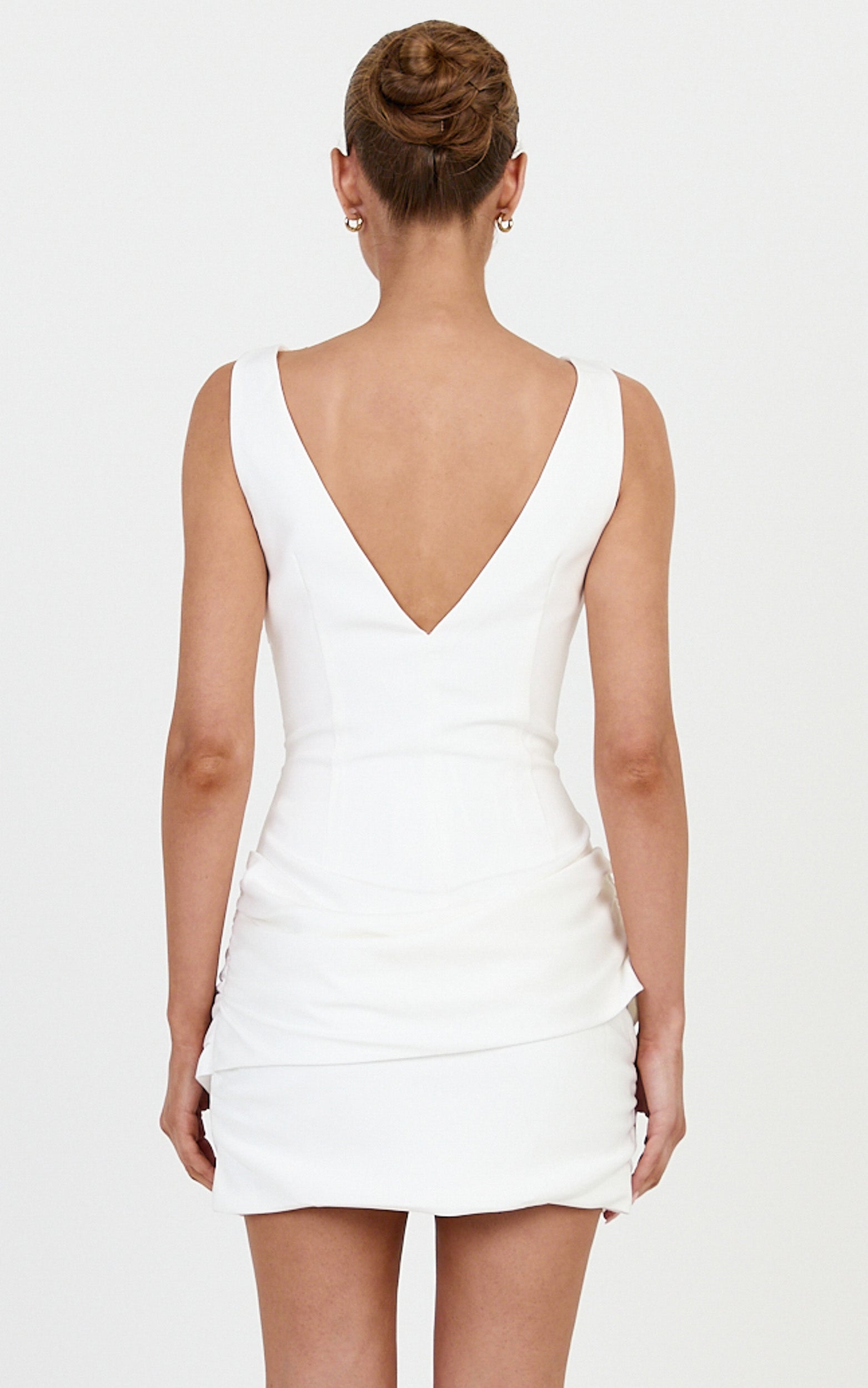 Sabrina Mini Dress - High Boat Neck Overlay Draped Skirt Dress in Off White - View 5