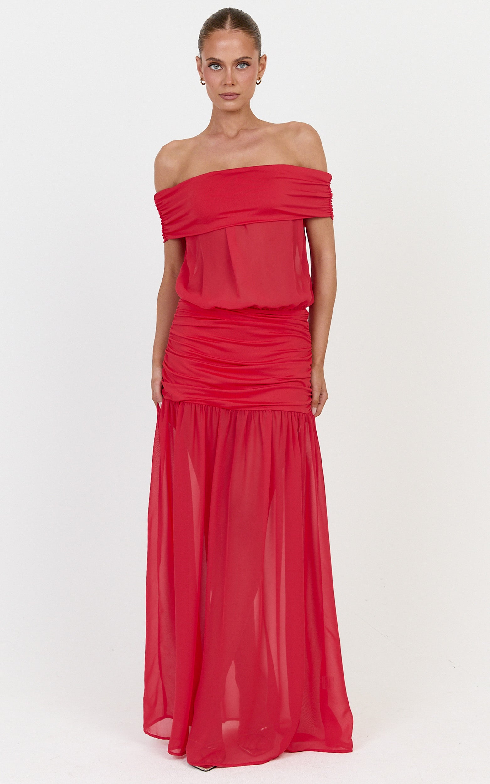 Rafaela Maxi Dress - Off The Shoulder Dropped Waist Dress in Red - View 4