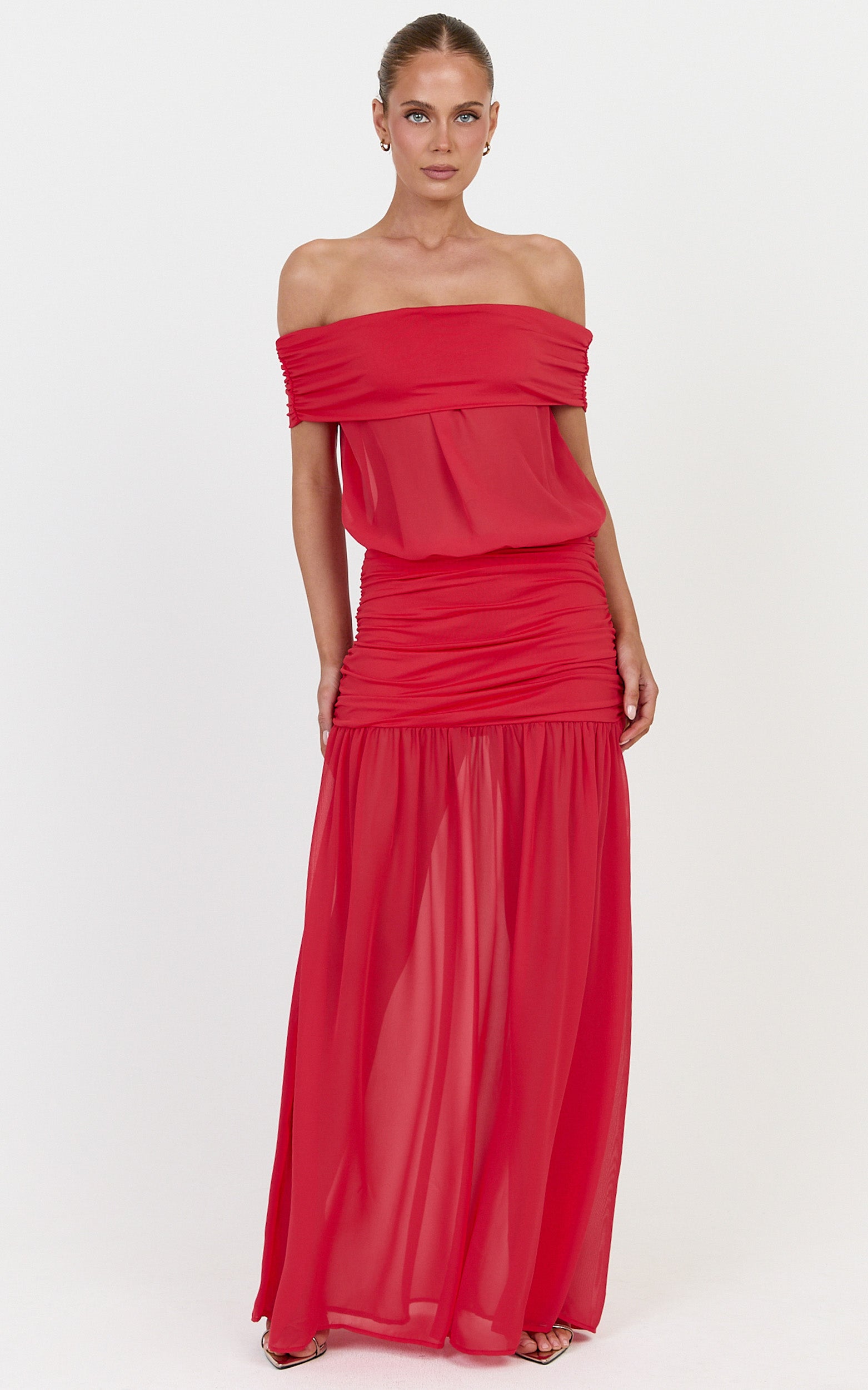 Rafaela Maxi Dress - Off The Shoulder Dropped Waist Dress in Red - View 3