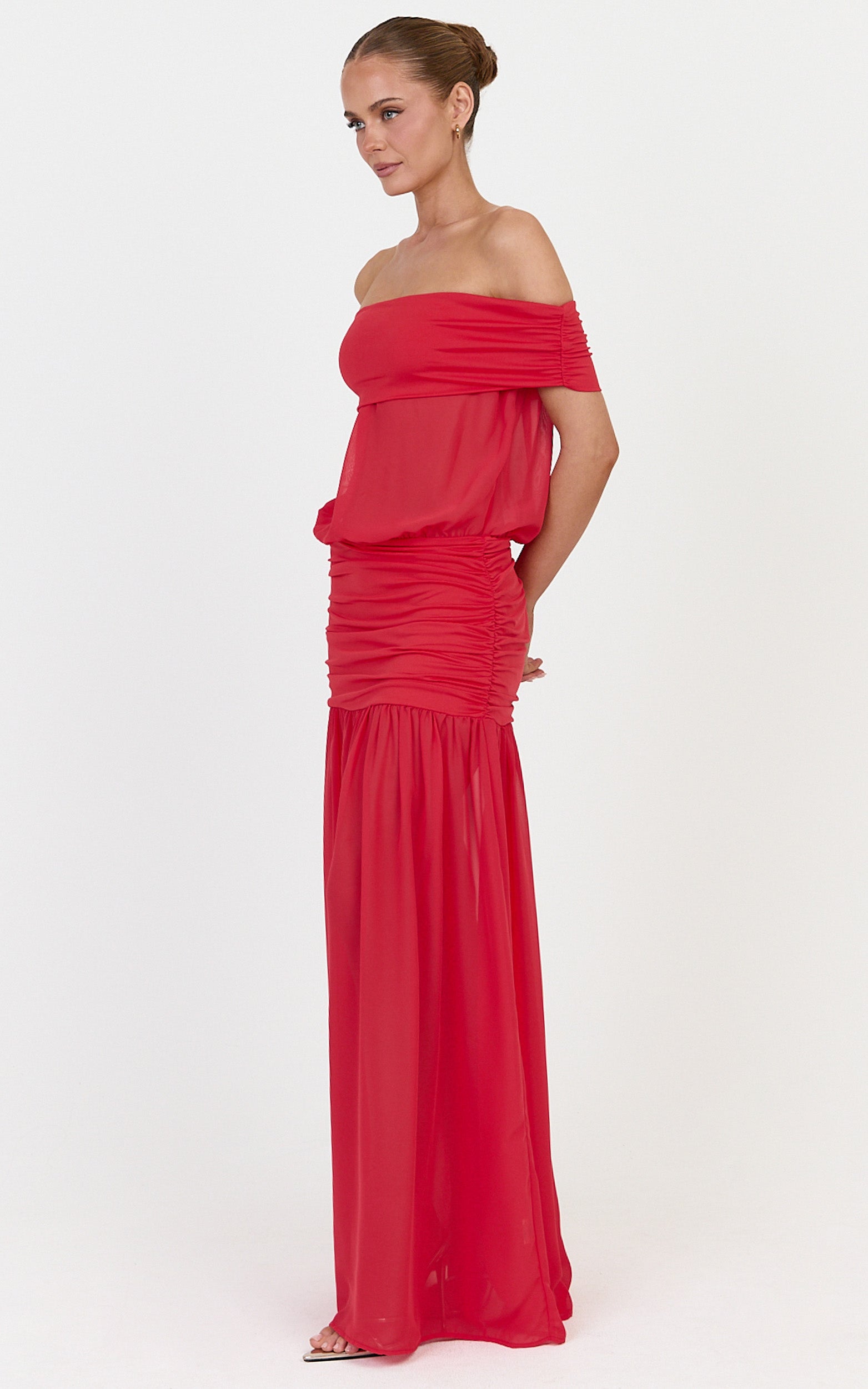 Rafaela Maxi Dress - Off The Shoulder Dropped Waist Dress in Red - View 2