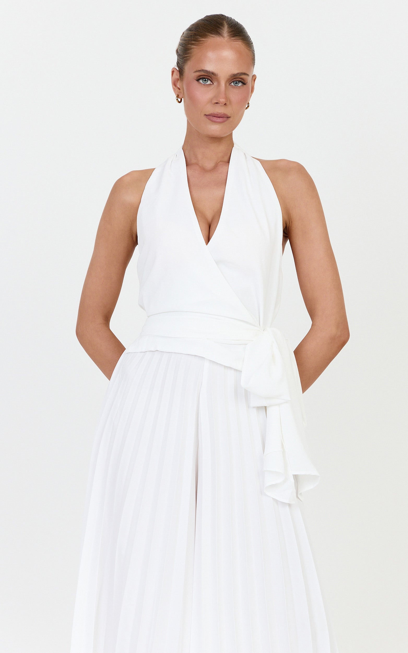 Valentina Top - Halter Neck Front Wrap Sash Detail Top in Off White - View 1