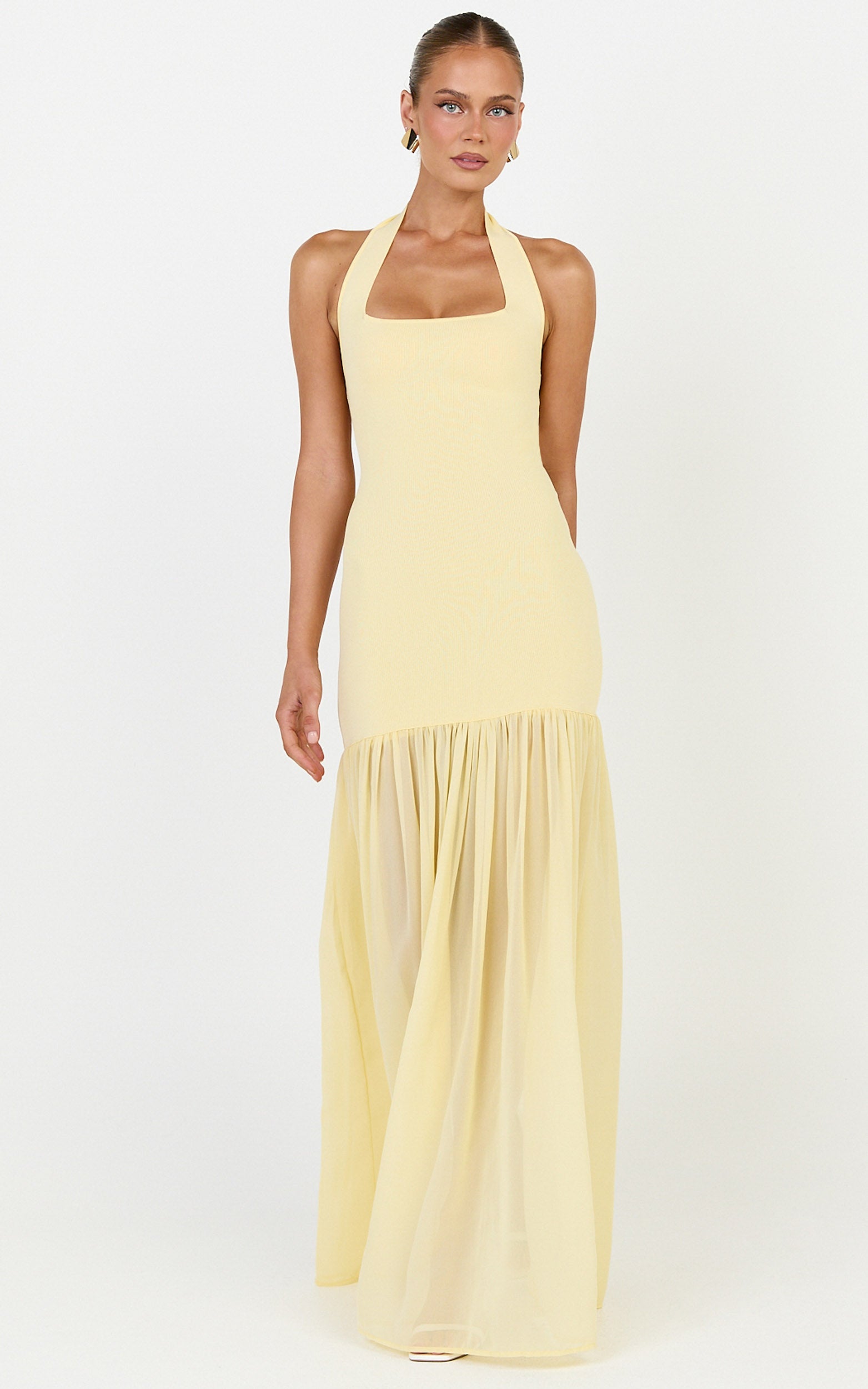 Barbara Maxi Dress - Halter Scoop Neck Contrast Georgette Dress in Lemon - View 3