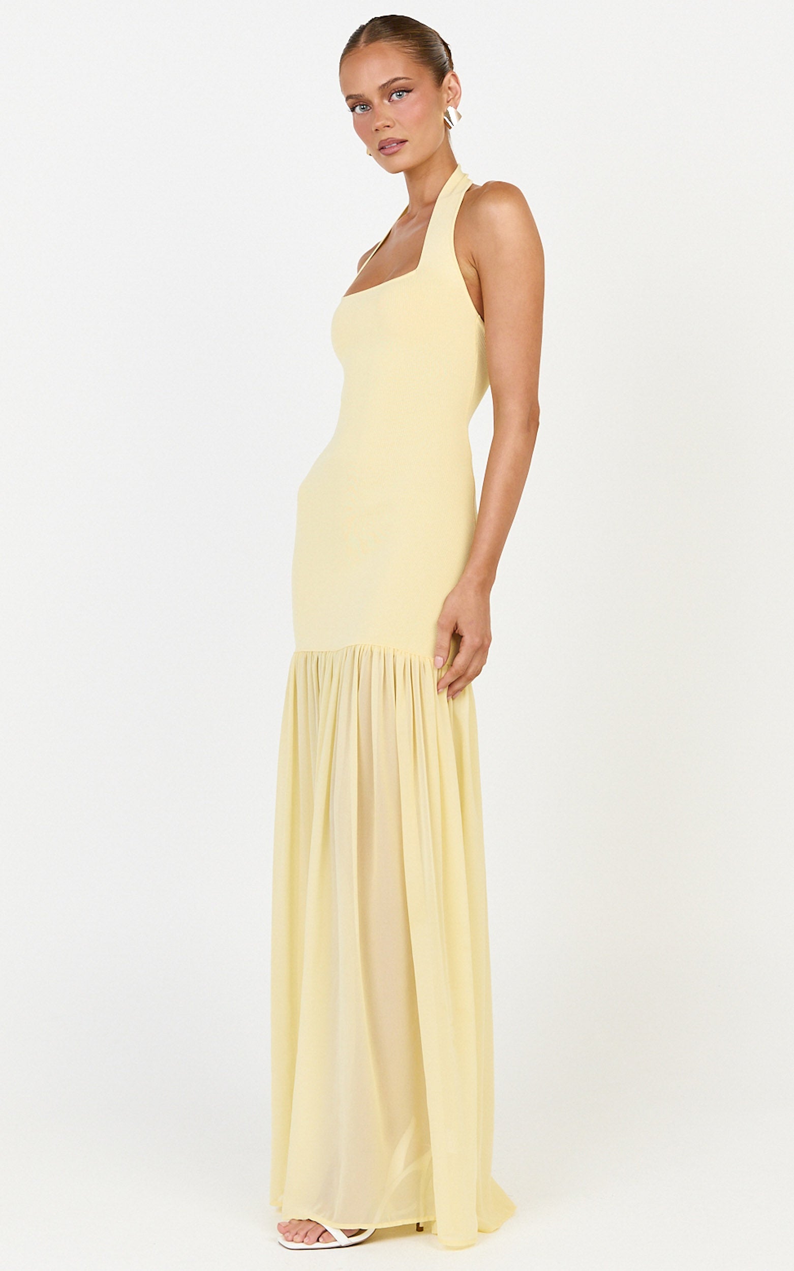 Barbara Maxi Dress - Halter Scoop Neck Contrast Georgette Dress in Lemon - View 4