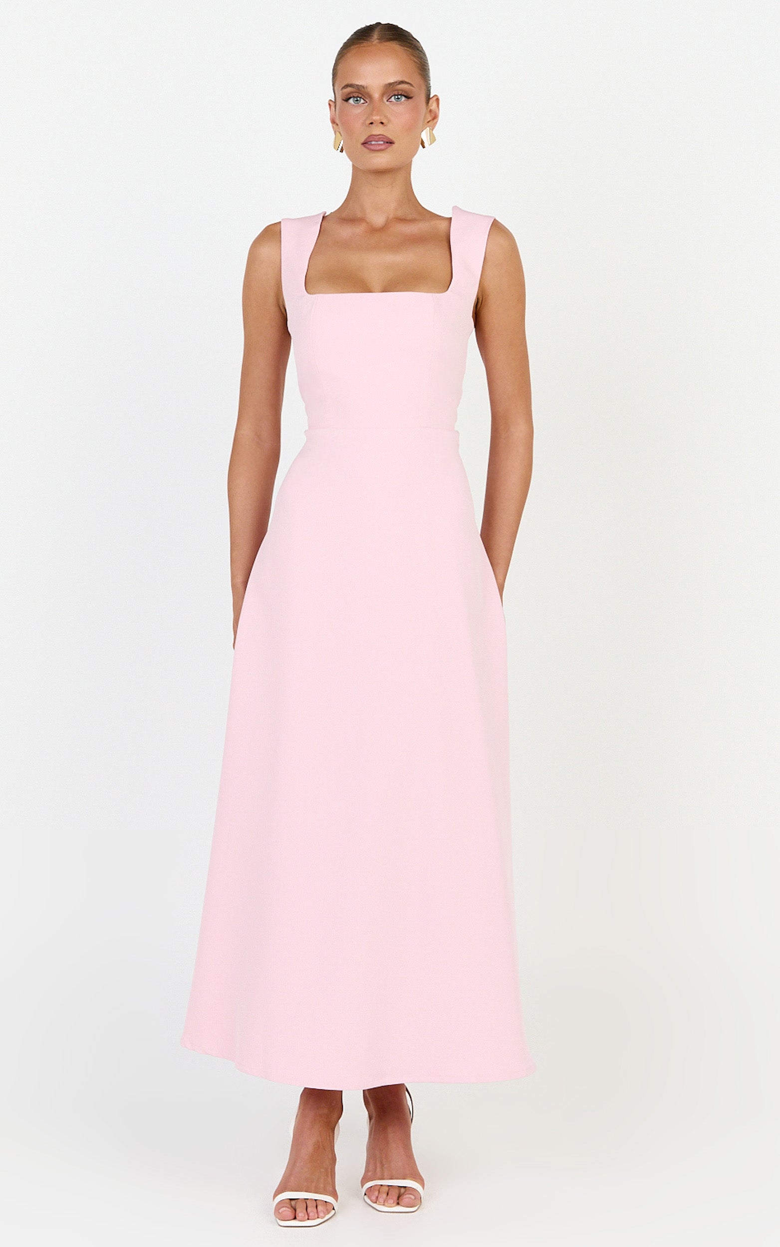 Zinnia Midi Dress - Square Neck A Line Dress in Pink - View 4