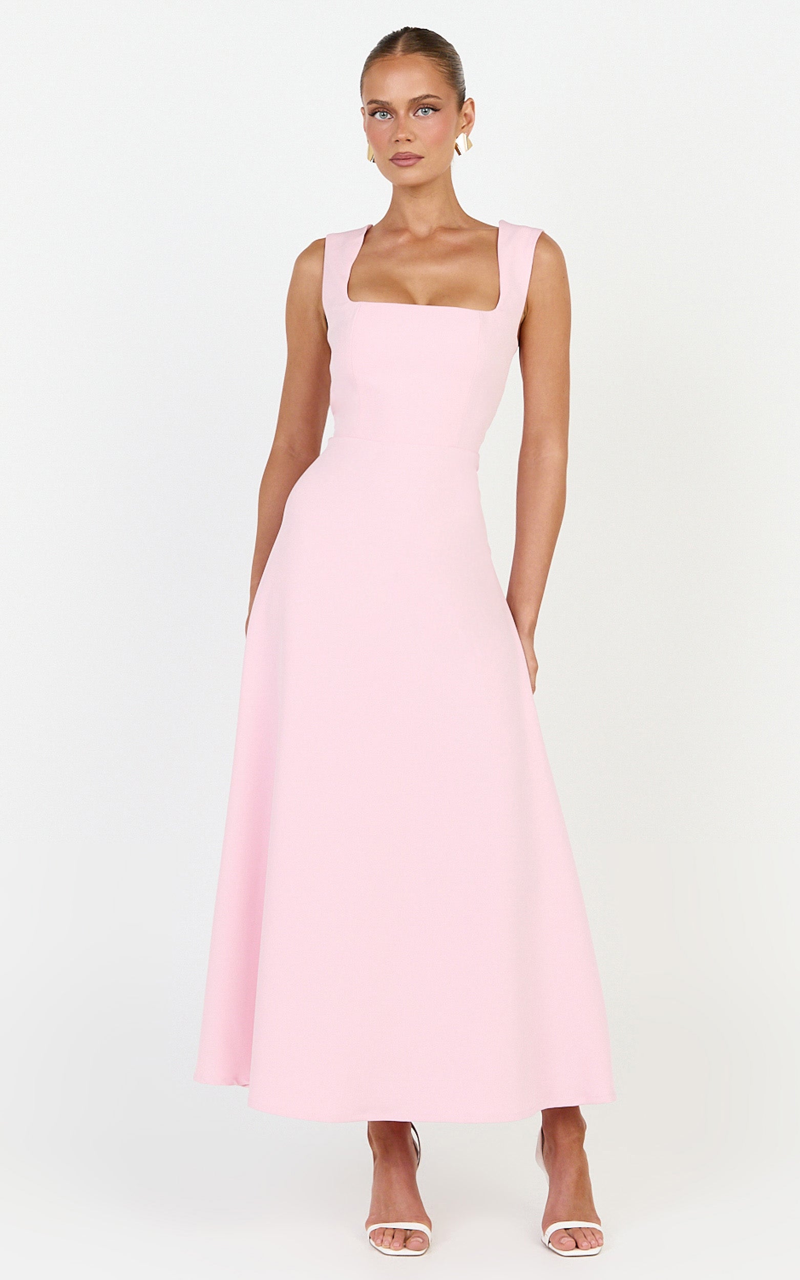 Zinnia Midi Dress - Square Neck A Line Dress in Pink - View 3