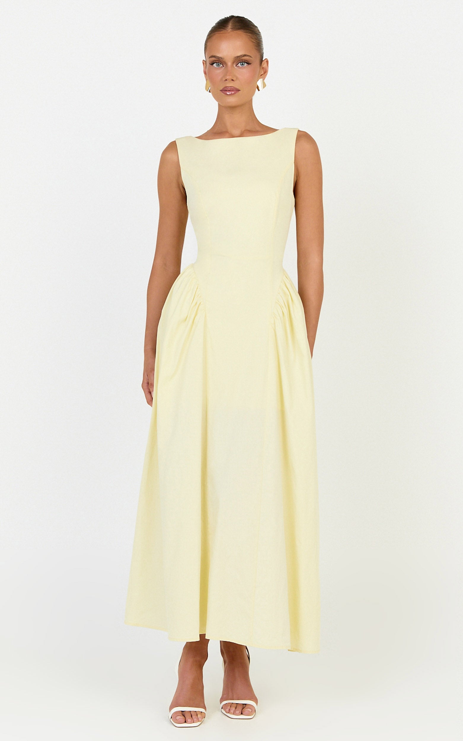 Casina Midi Dress - Boat Neck Tie Back Fit And Flare Dress in Yellow - View 1