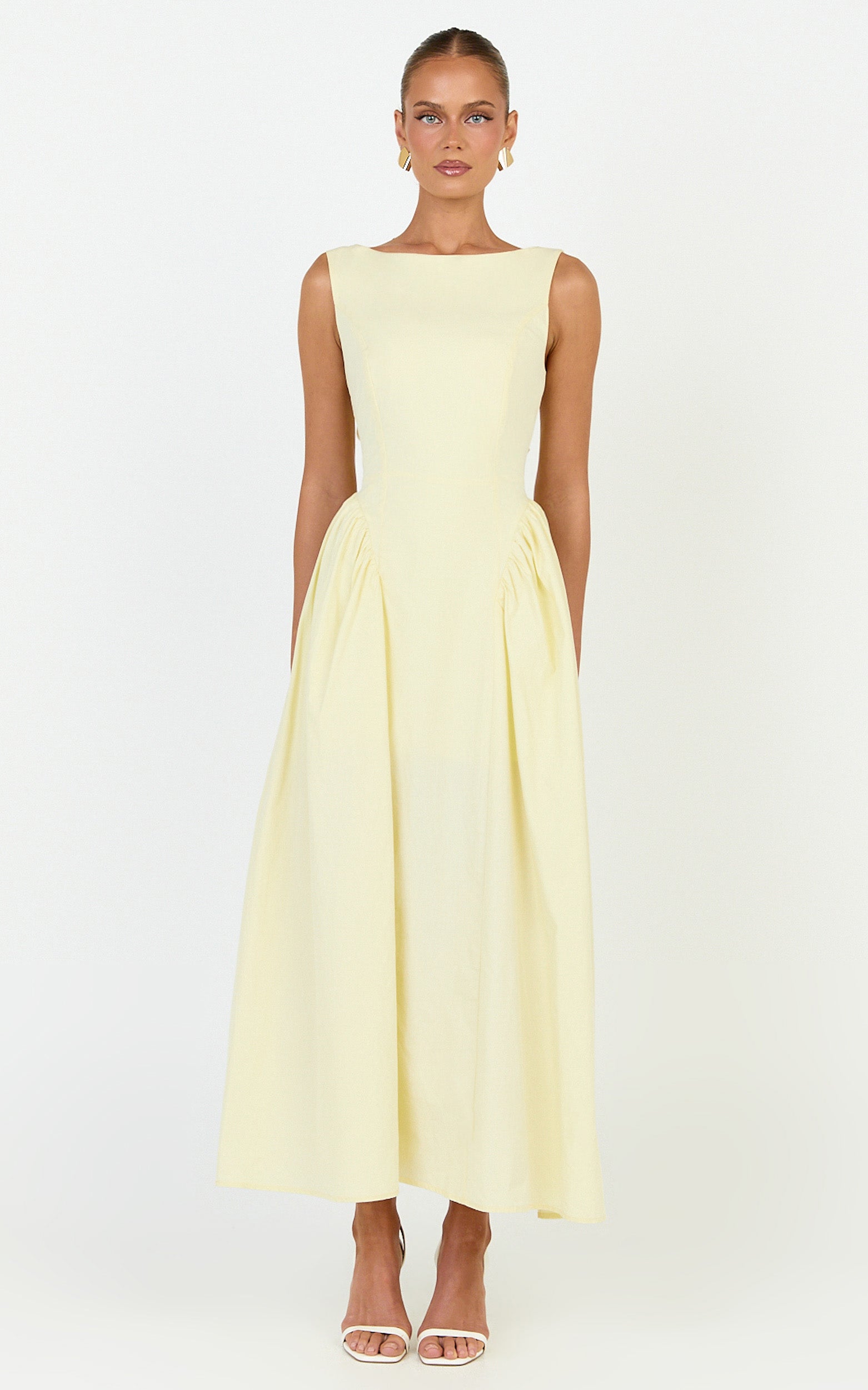 Casina Midi Dress - Boat Neck Tie Back Fit And Flare Dress in Yellow - View 4