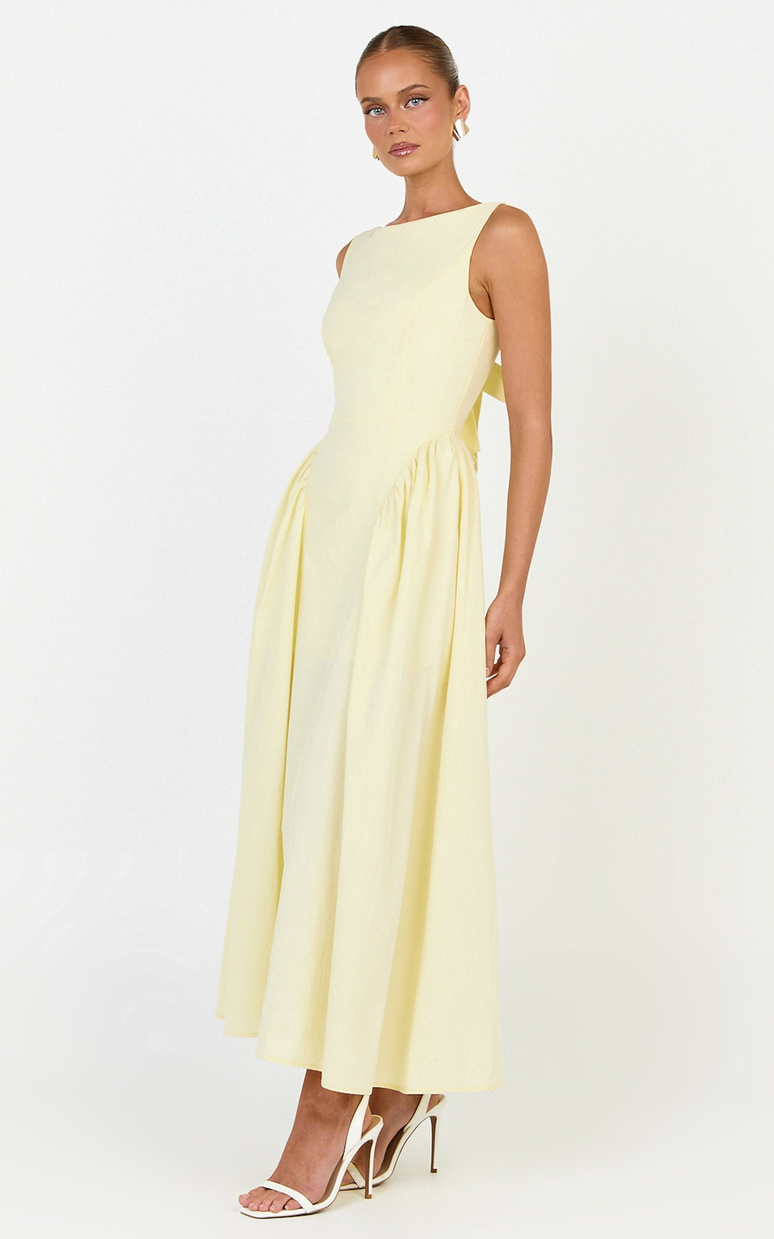 Casina Midi Dress - Boat Neck Tie Back Fit And Flare Dress in Yellow - View 5