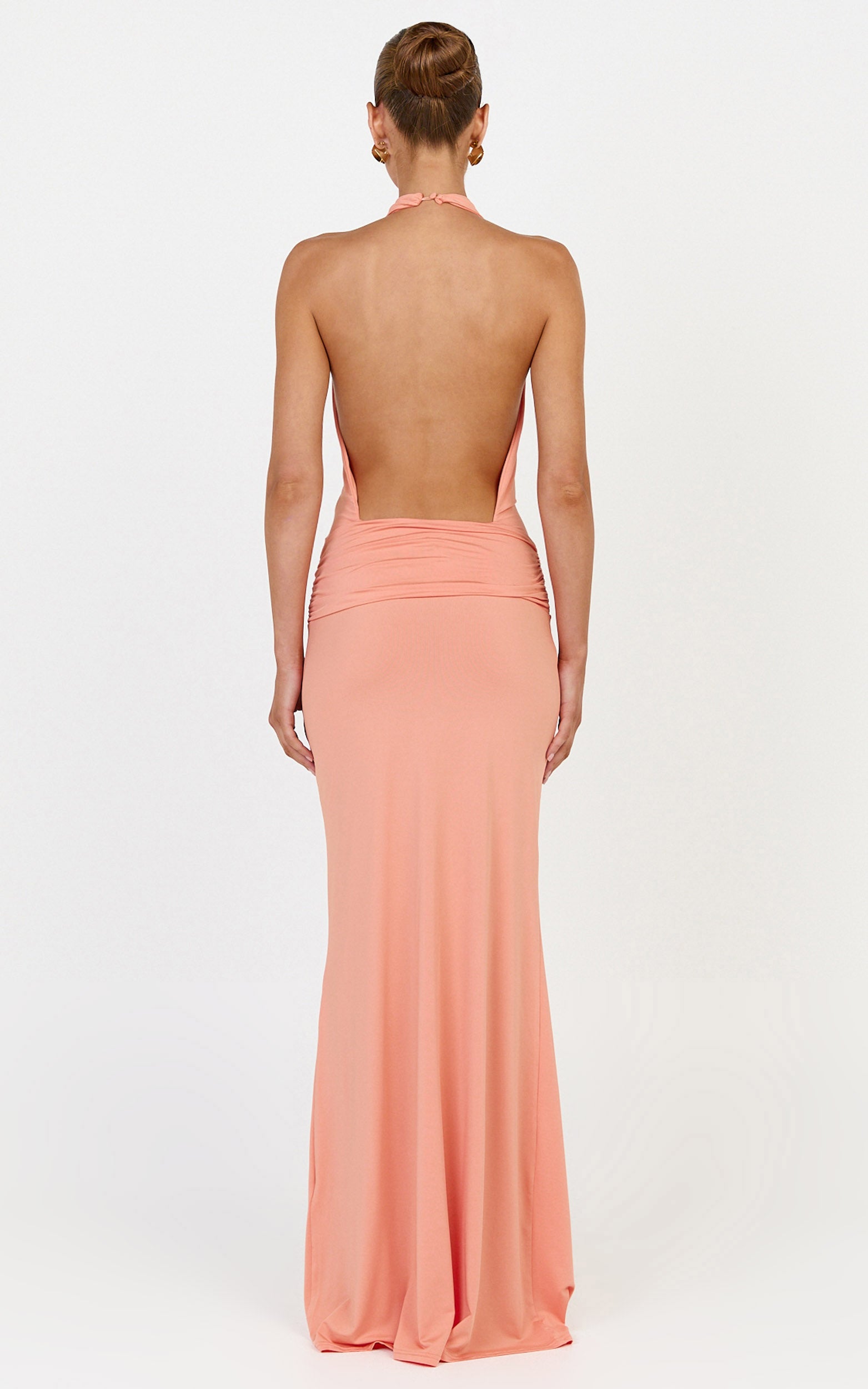 Lizzy Maxi Dress - Backless Ruched Bodycon Dress in Coral - View 6
