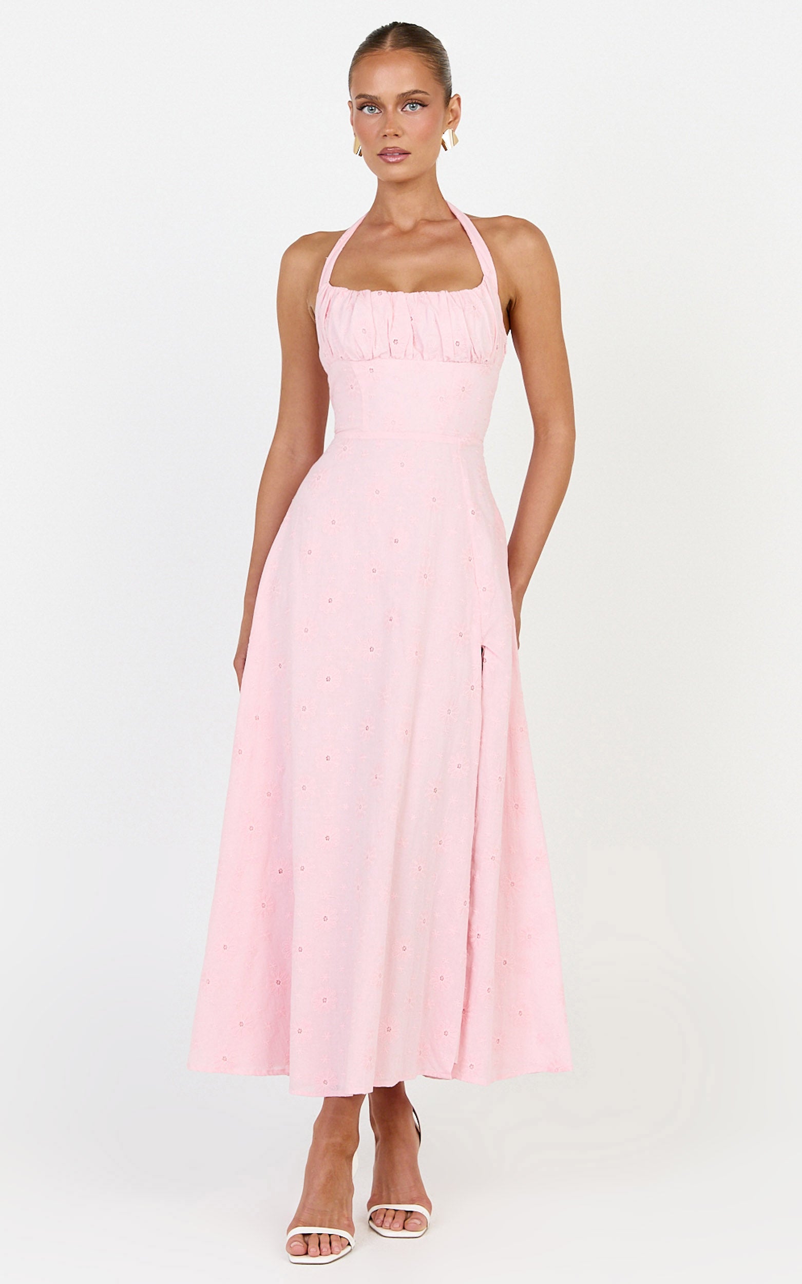 Lyra Midi Dress - Broderie Ruched Bust Halter Neck Dress in Pink - View 5