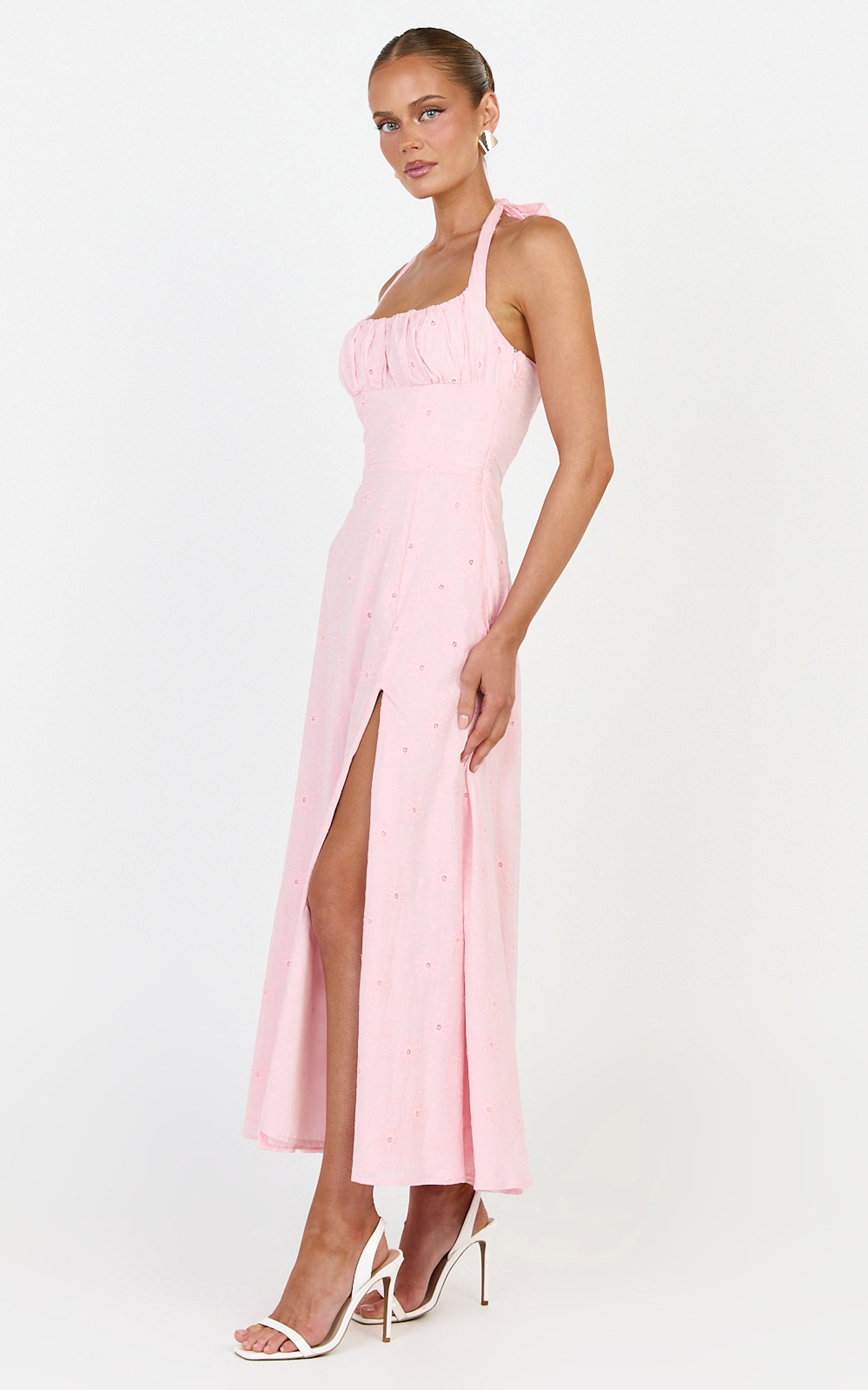 Lyra Midi Dress - Broderie Ruched Bust Halter Neck Dress in Pink - View 3