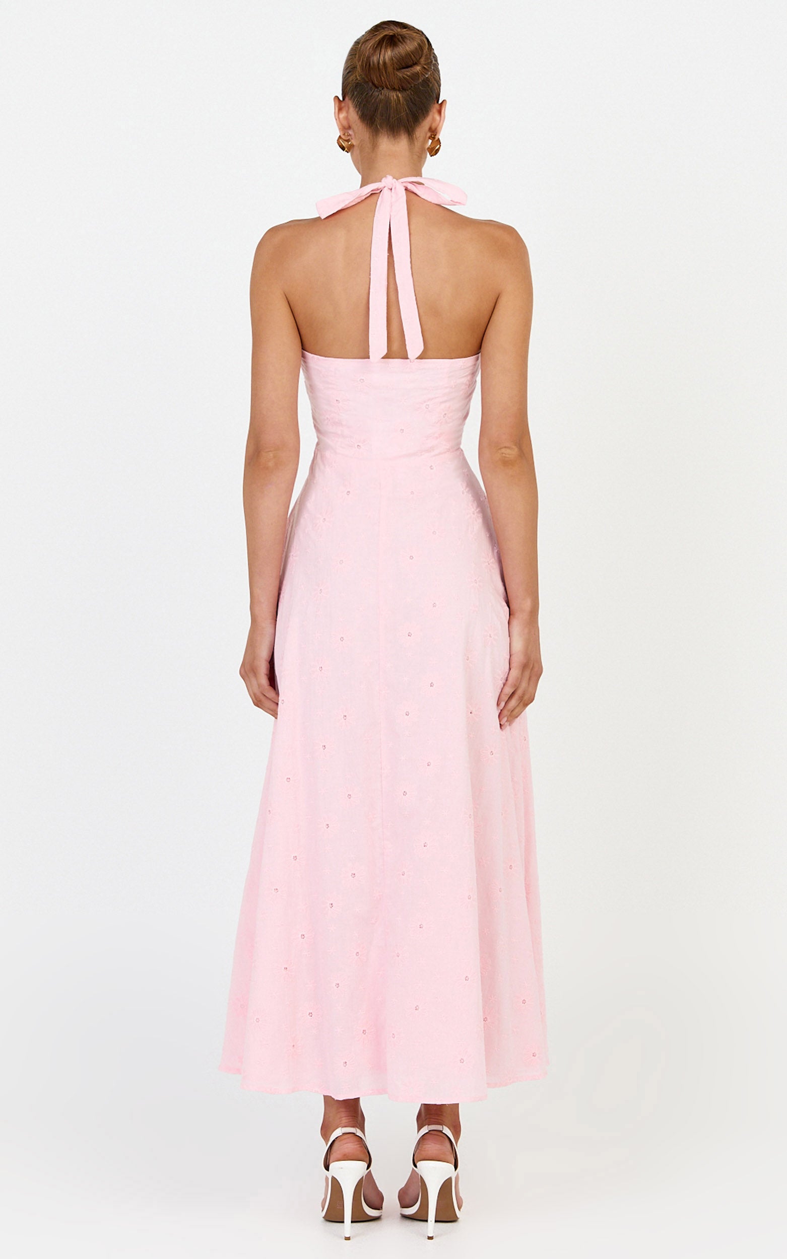 Lyra Midi Dress - Broderie Ruched Bust Halter Neck Dress in Pink - View 7