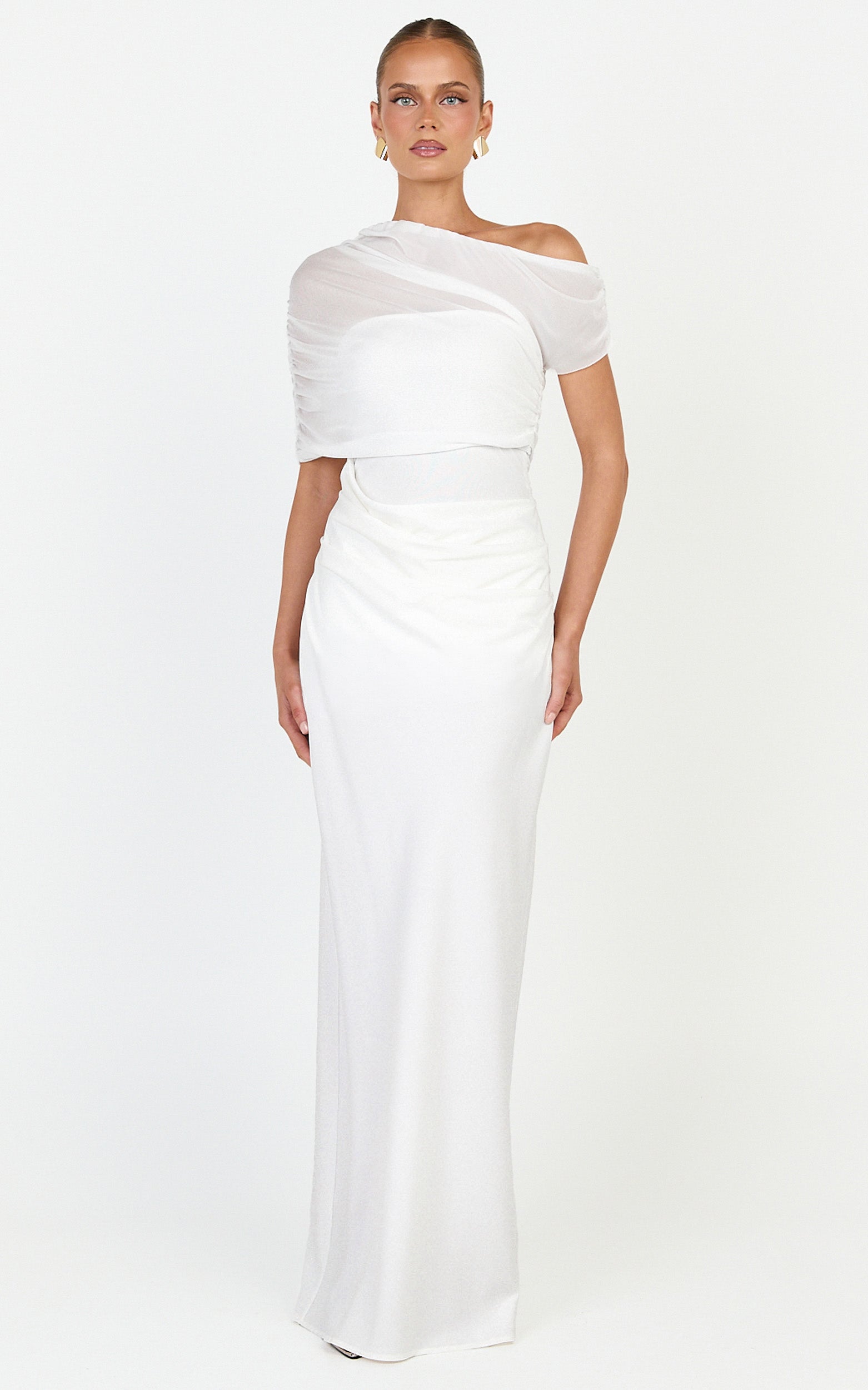Nami Maxi Dress - Overlay Off Shoulder Draped Cowl Waist Dress in White - View 4